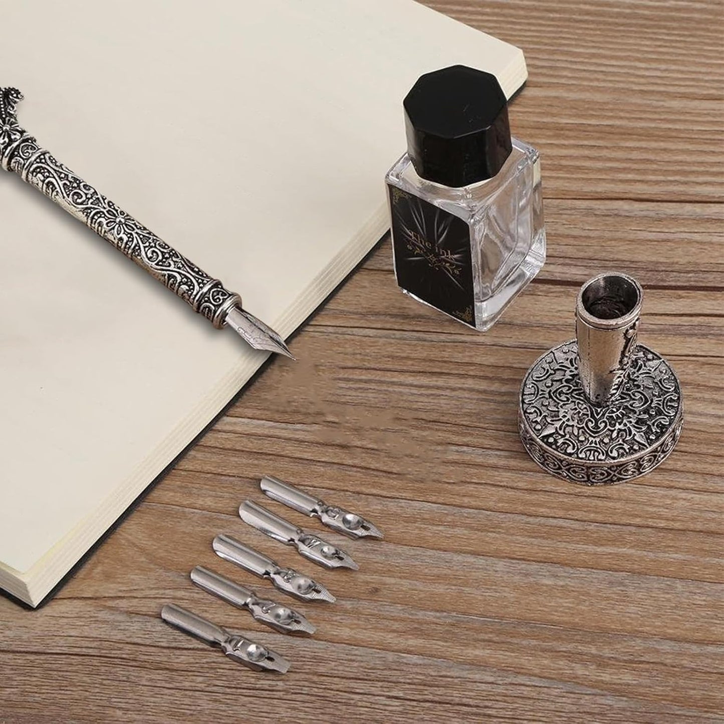 Retro Carving Feather Pen Set, Calligraphy Fountain Dip Quill Pen Set Antique Calligraphy Writing Dip Pen, Feather Pen Ink Set with 5 Replacement Nibs Pen Stand Base for Writing Christmas Gift (Grey)