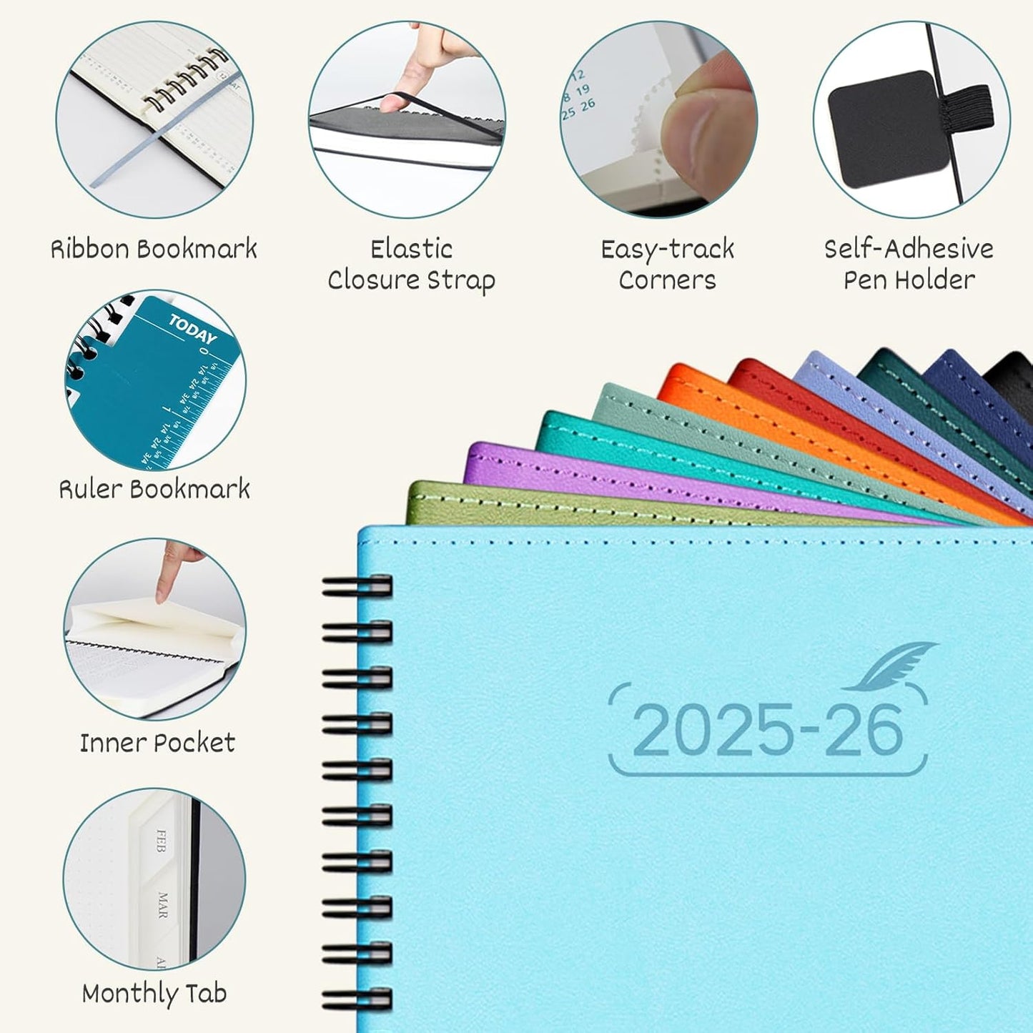 BEZEND Planner 2025-2026 Weekly and Monthly, 8.5" x 11" Academic Calendar (Jul 25-Dec 26) Vertical Daily Appointment with Hourly Timeslot & Monthly Tab, Spiral, PU Leather Softcover - Turquoise