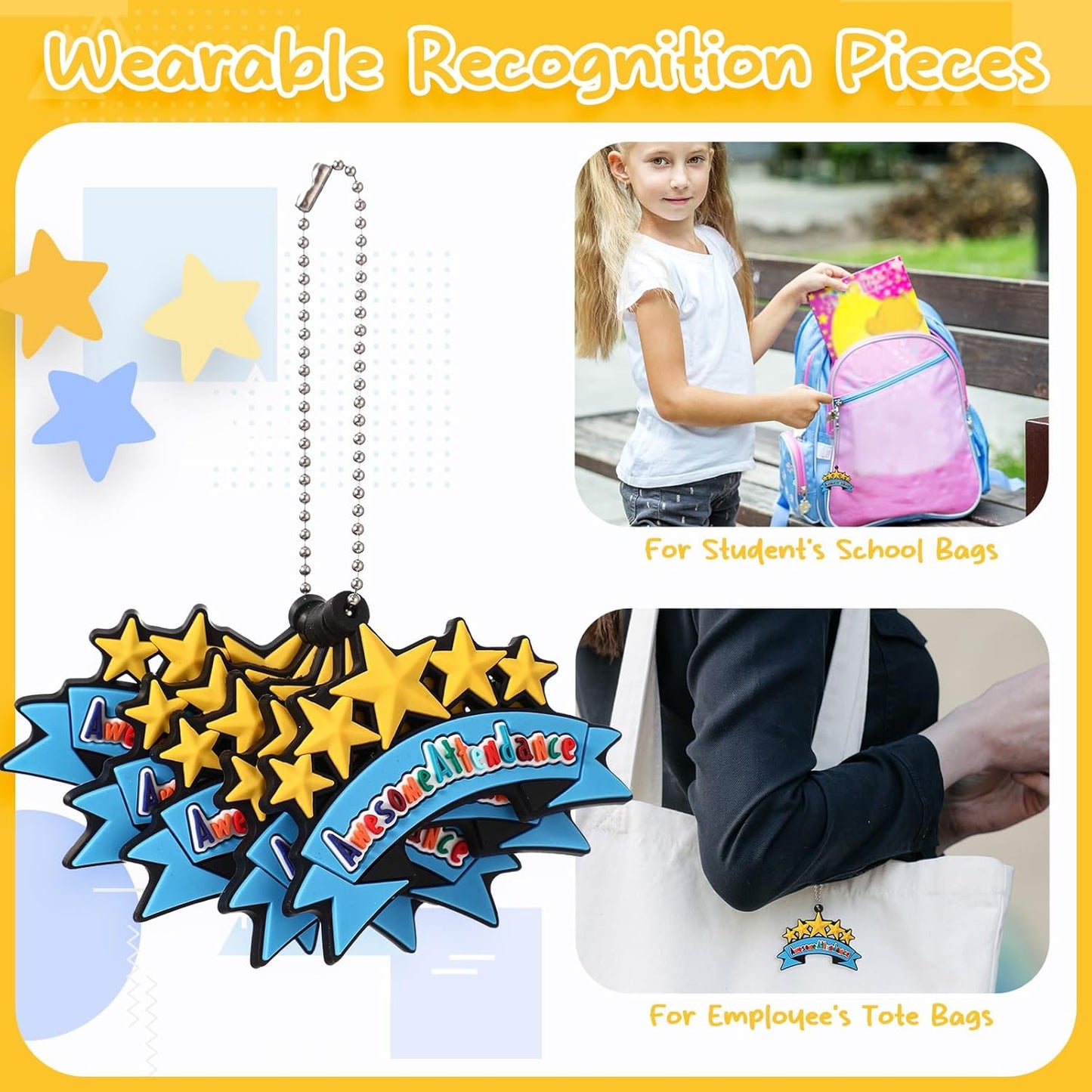 50 Pcs Awesome Attendance Silicone Tags with Chains, Motivational Brag Awards for Students, Classroom Incentives, Teacher Rewards, Reading Competition Prizes, Wearable Encouragement Gifts