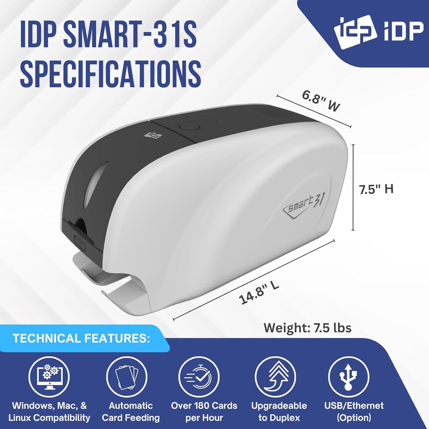 IDP SMART-31 Series ID Card Simplex Printer Kit with Windows ID Software, Manual and Guides - Includes 250-Print YMCKO Color Ribbon and 100 PVC Plastic Cards - Now with SMARTMark Security
