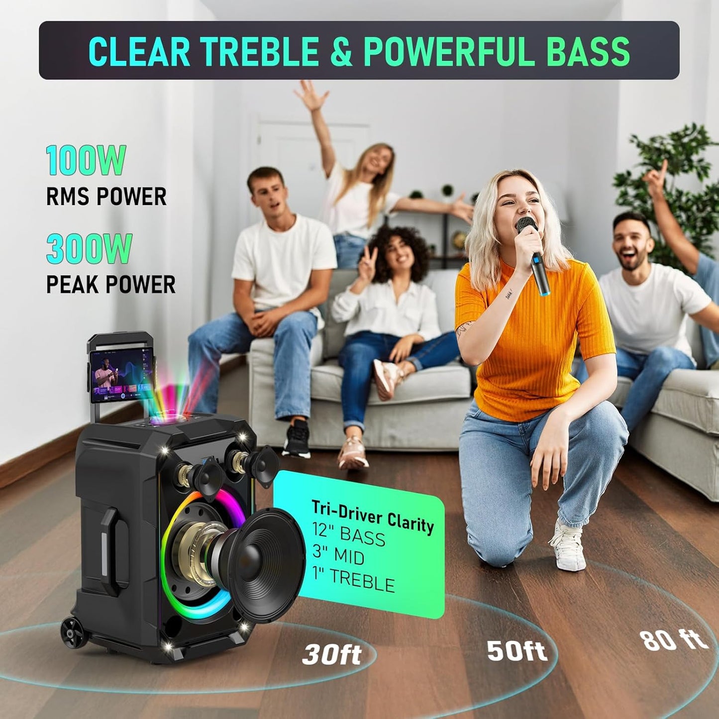 Portable Karaoke Machine for Adults, 12" Big Bluetooth Party Speaker with 2 Wireless Mics for Adults & Kids, 300W Peak Power,Karaoke Microphone with PA System Supports USB/TF/REC/FM/AUX