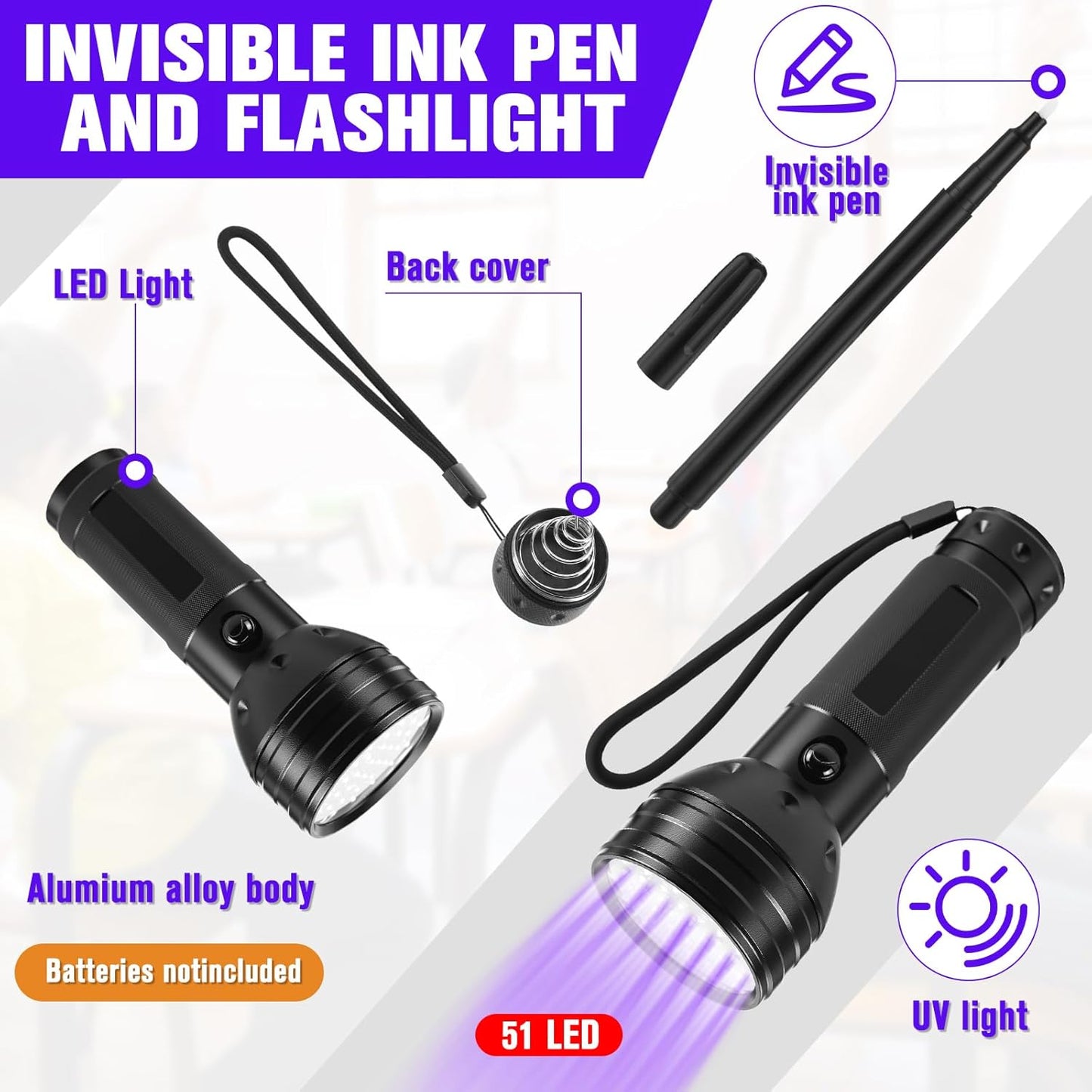 Tegeme 4 Invisible Ink Pen Set 2 Invisible Marker 2 Blacklight Flashlights with UV Black Light Markers Disappearing Ink Pen for Secret Notes Holiday Gifts Party Favors (51 LED)