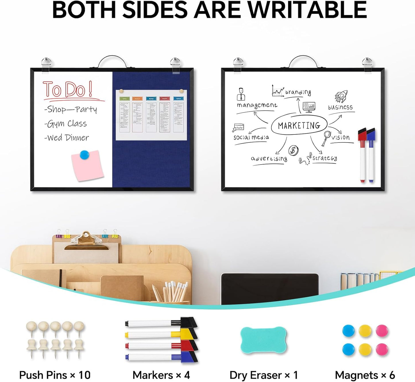 White Board Linen Bulletin Board Combo, 16"x12", Double-Sided Magnetic Dry Erase Cork Board for Walls, Aluminum Frame Small Pin Board with Handles for Home, Office, School, Dark Blue Felt