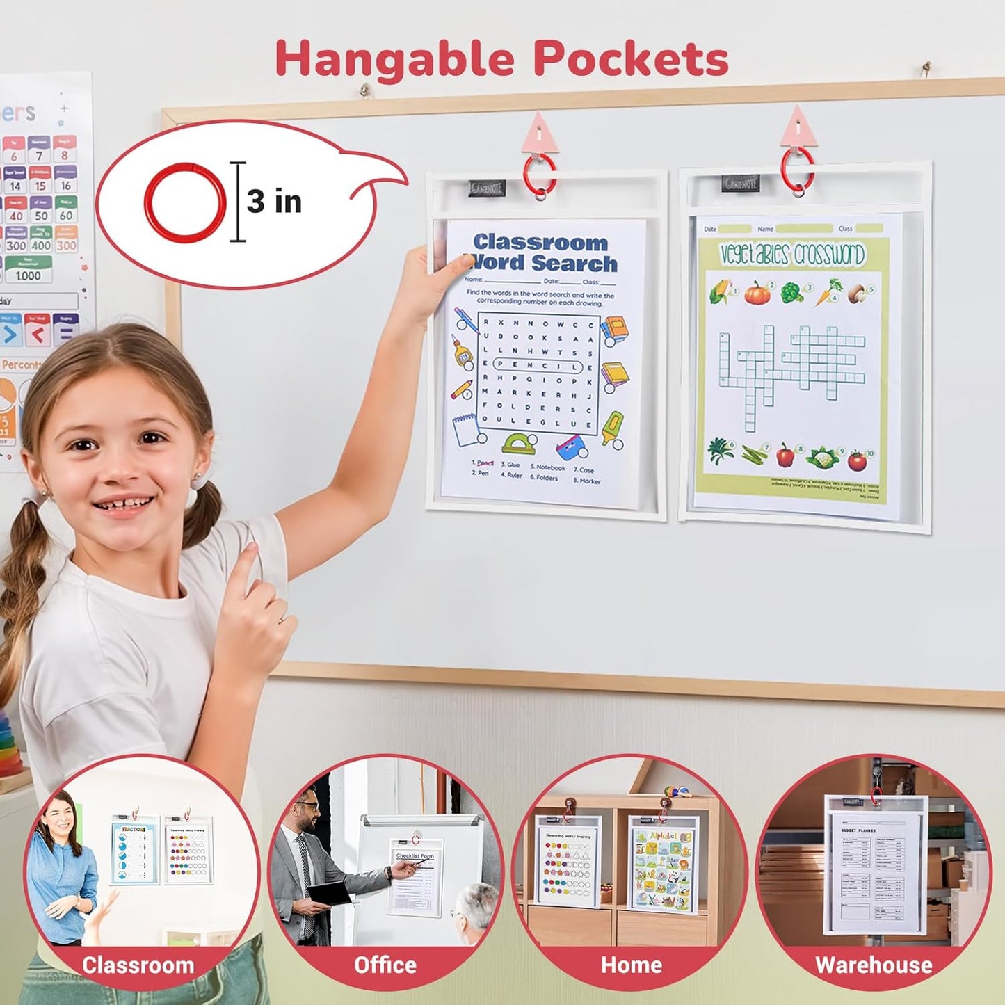 Gamenote 30 Pack White Dry Erase Pockets with 5 Rings, 10x14 Oversized Reusable Plastic Sleeves, Clear Sheet Protectors, Teacher Supplies for Classroom Organization