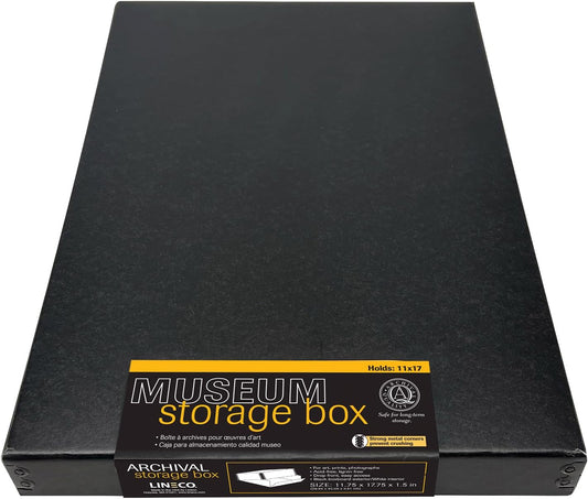 Lineco Museum Archival Storage Box, 11.75x17.75x1.5 in. Drop Front Design. Acid-Free with Metal Edge. Organize Photos, Pictures, Prints, Documents, Crafts, DIY. Black, 1 Pack