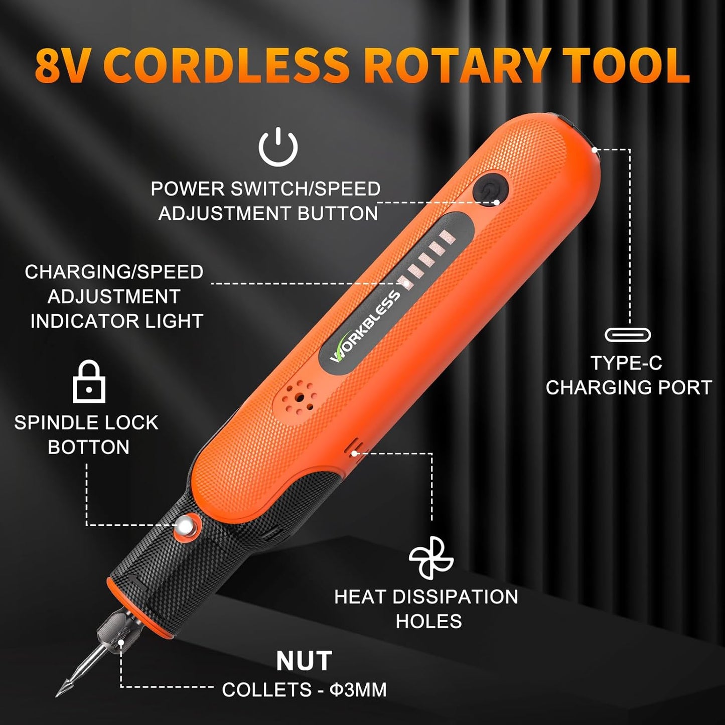 8V Cordless Rotary Tool Kit with 103pcs Accessories, USB-C Charging, 5-Speed 25000RPM mini cordless rotary tool， Power Rotary Tool for Engraving, Sanding, Drilling, Polishing, DIY Crafts