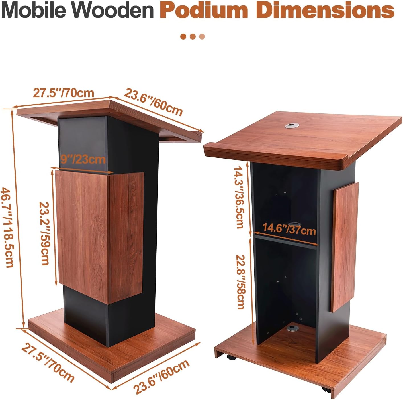 47"Portable Wooden Podium, Wooden Lectern Podium Stand, Reserved Wire Hole, Lockable Wheels, Design with Storage, Standing Wooden Pulpit for Church Office School Home Conference Restaurant Meeting