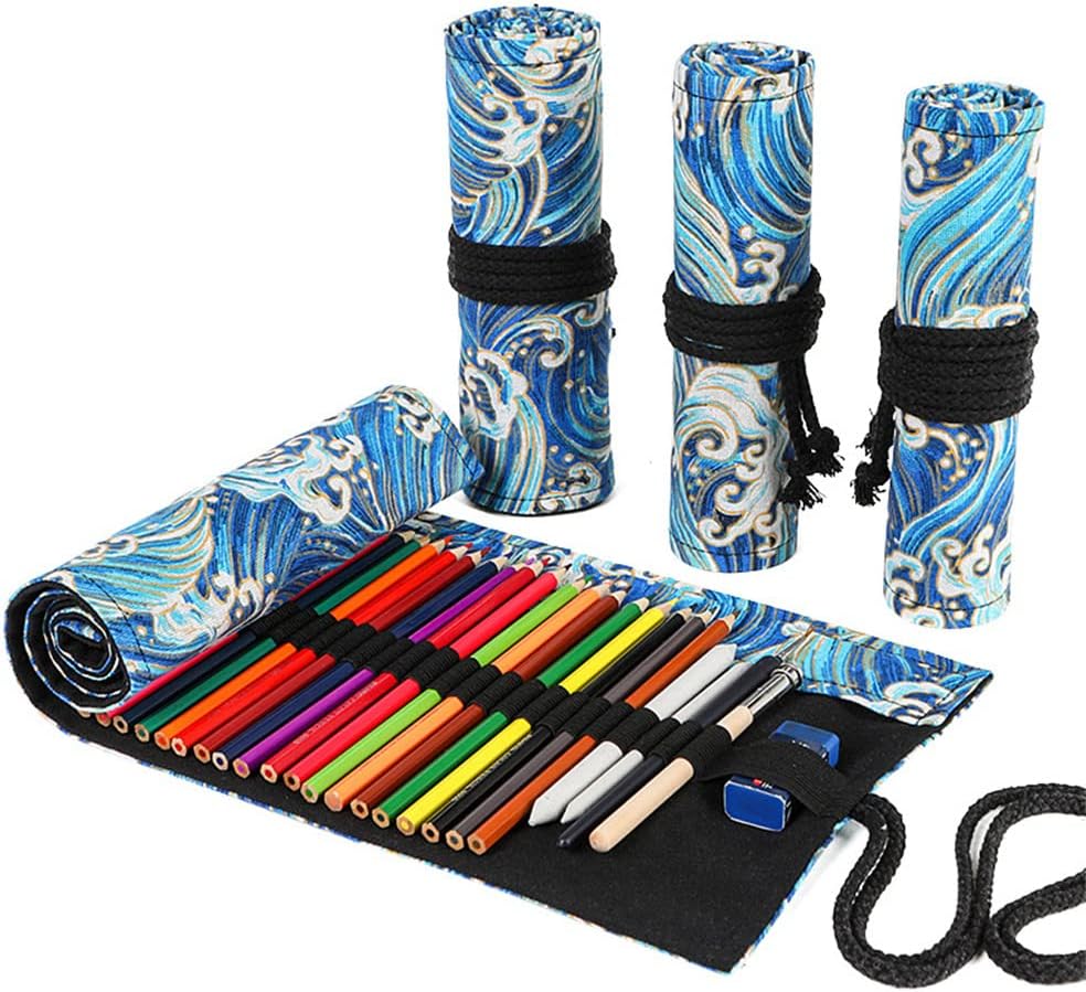 DIYOMR 24/36/72 Slots Pencil Wrap Pencil Rolls, Artist Colored Pencils Roll Up Bag Short Brushes Pouch Case Pencils Organizer for Drawing Coloring and Sketching (Blue Ocean, 24slots)