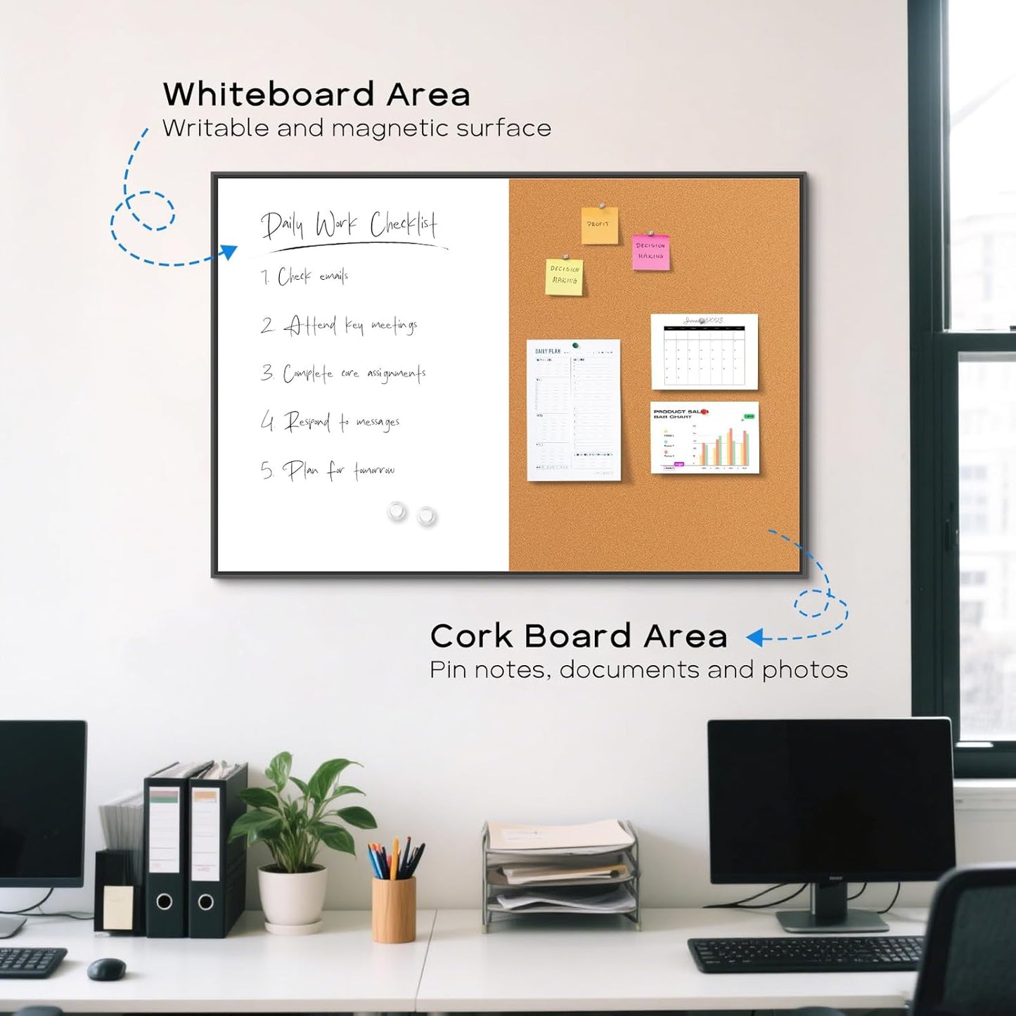 White Board Cork Board Combo, 24'' x 18'' Magnetic Dry Erase Board and Bulletin Board, Black Aluminum Frame Vision Board Message Board for Home Office School Dorm