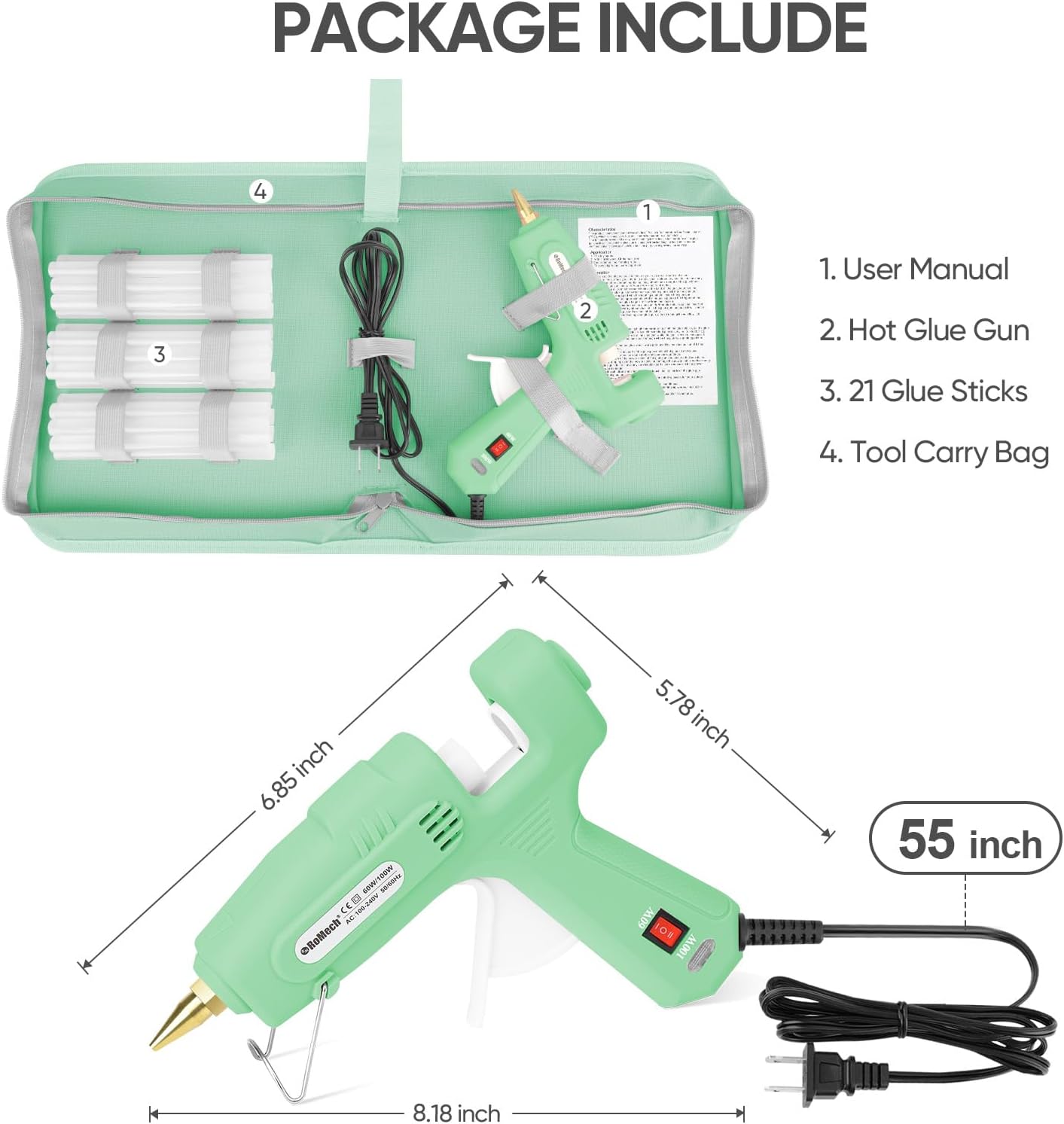 ROMECH Full Size Hot Glue Gun with 60/100W Dual Power and 21 Hot Glue Sticks (7/16"), Fast Preheating Heavy Duty Industrial Gluegun with Storage Case for Crafting, DIY and Repairs (Light Green)