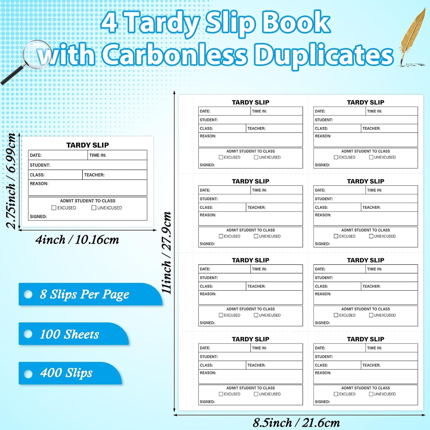 gisgfim Tardy Slip Book with Carbonless Duplicates in Easy Removal Fold and Tear Tardy Slips Per Book Register Copy Notebook for Student Late Arrivals School Supplies Teacher 400 Pcs/Pad (4 Pads)