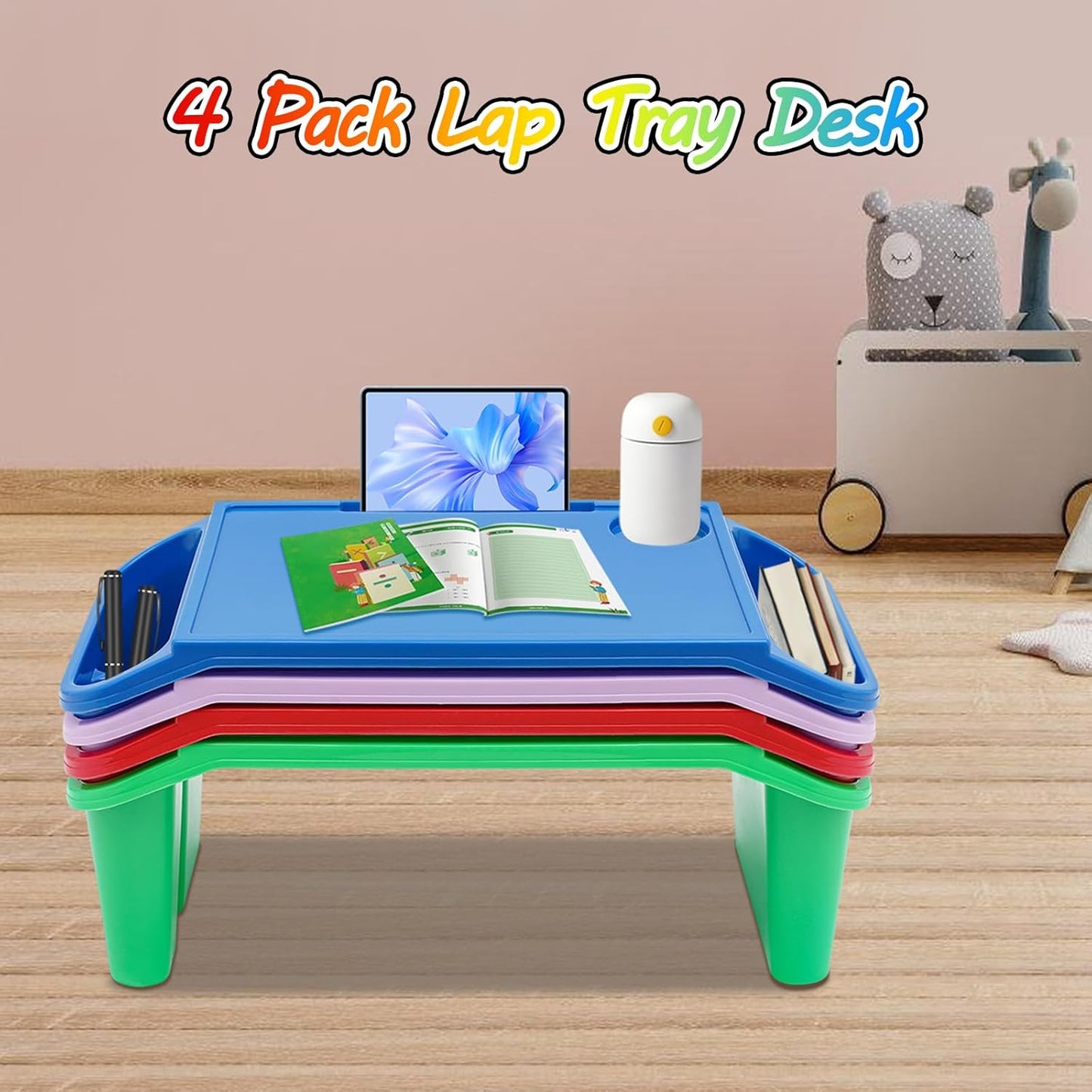 4 Pack Kids Lap Desk Tray with Storage Slots, Portable Lap Desk, Activity Tray, Plastic Breakfast Laptop Trays, Drawing, Stackable, Writing, Eating, Classroom, 21.65" L x 11.8" W x 8.46" H