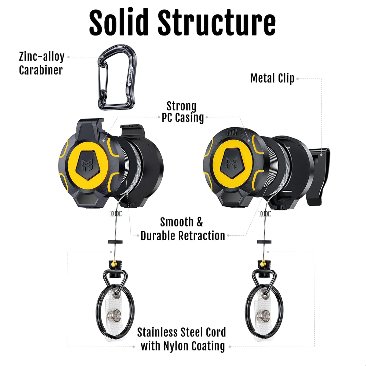 MNGARISTA Upgraded Heavy Duty Retractable Keychain, Belt Clip Ver. & Carabiner Ver., 10 oz Retraction, 31.5" Stainless Steel Cable, Tactical ID Badge Reel Key Chain Retractor, 2 Pack