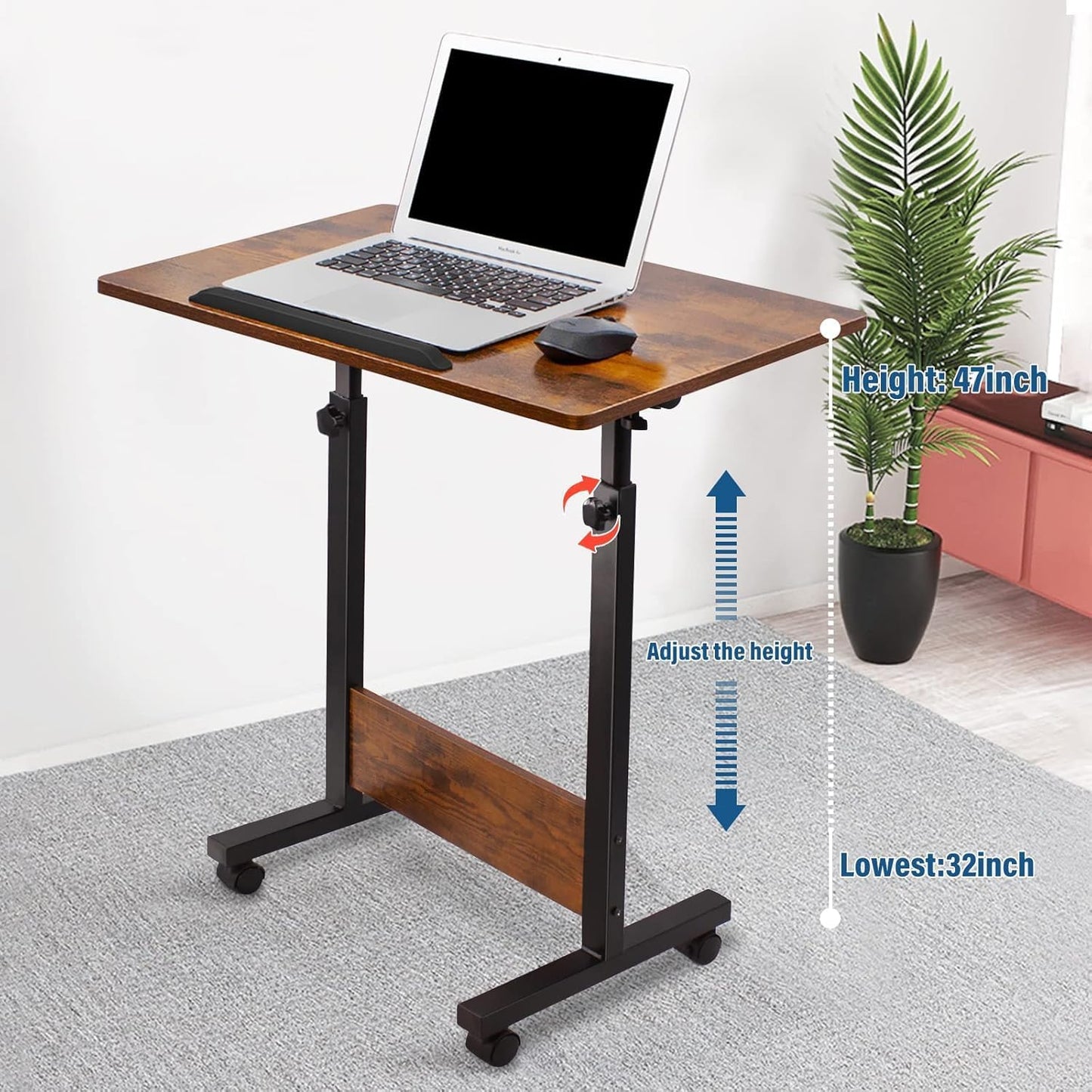 KOUPA Height Adjustable Standing Desk,widths16 in Length 31 in, Portable Rolling Mobile Stand Up Table with Wheels, 360 Degree Flip Laptop Computer Desk for Home Office, Rustic Brown