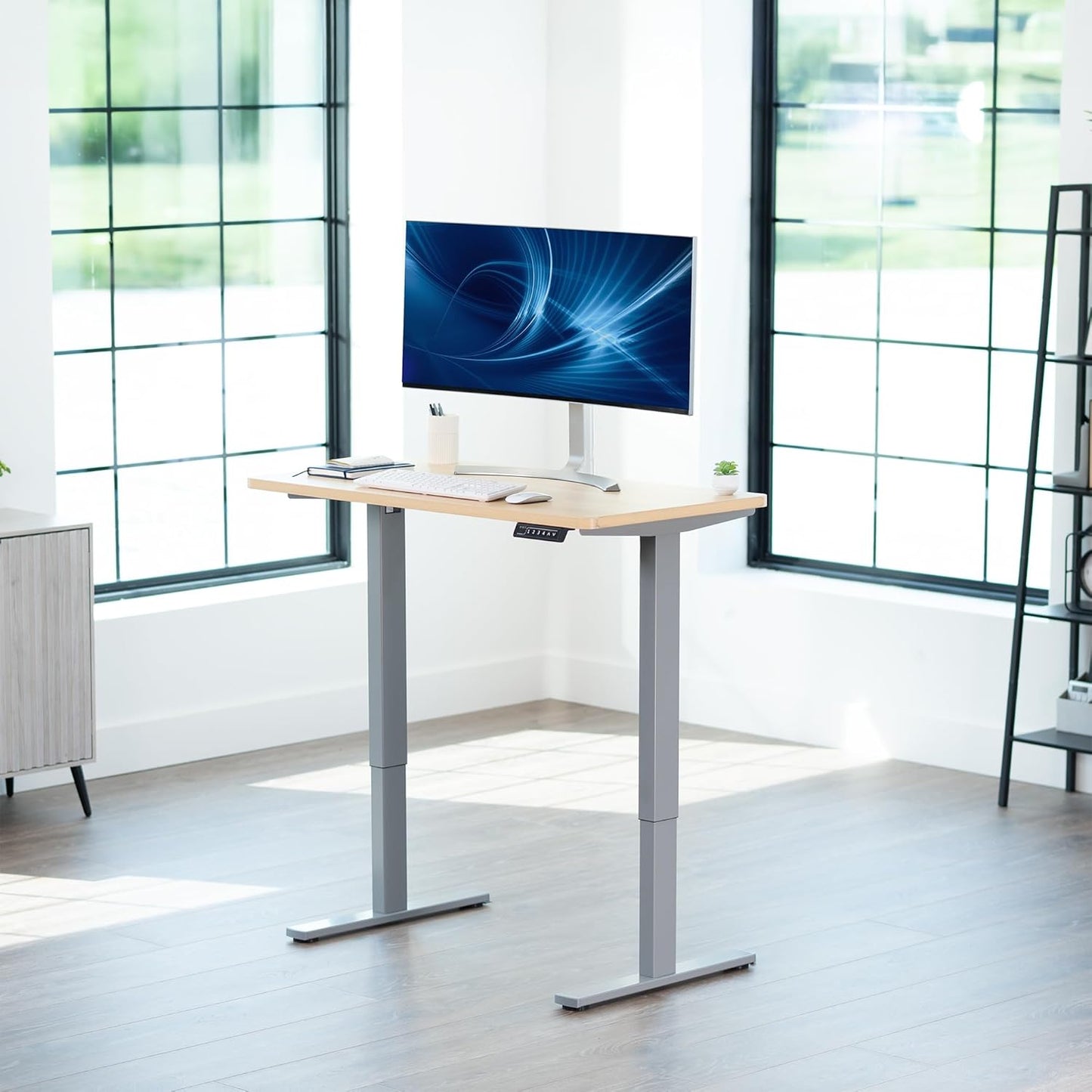 VIVO Electric 43 x 24 in Standing Desk, Memory Height Adjustment, 1B Series, One-Piece Light Wood Top, Gray Frame, DESK-KIT-1G4C