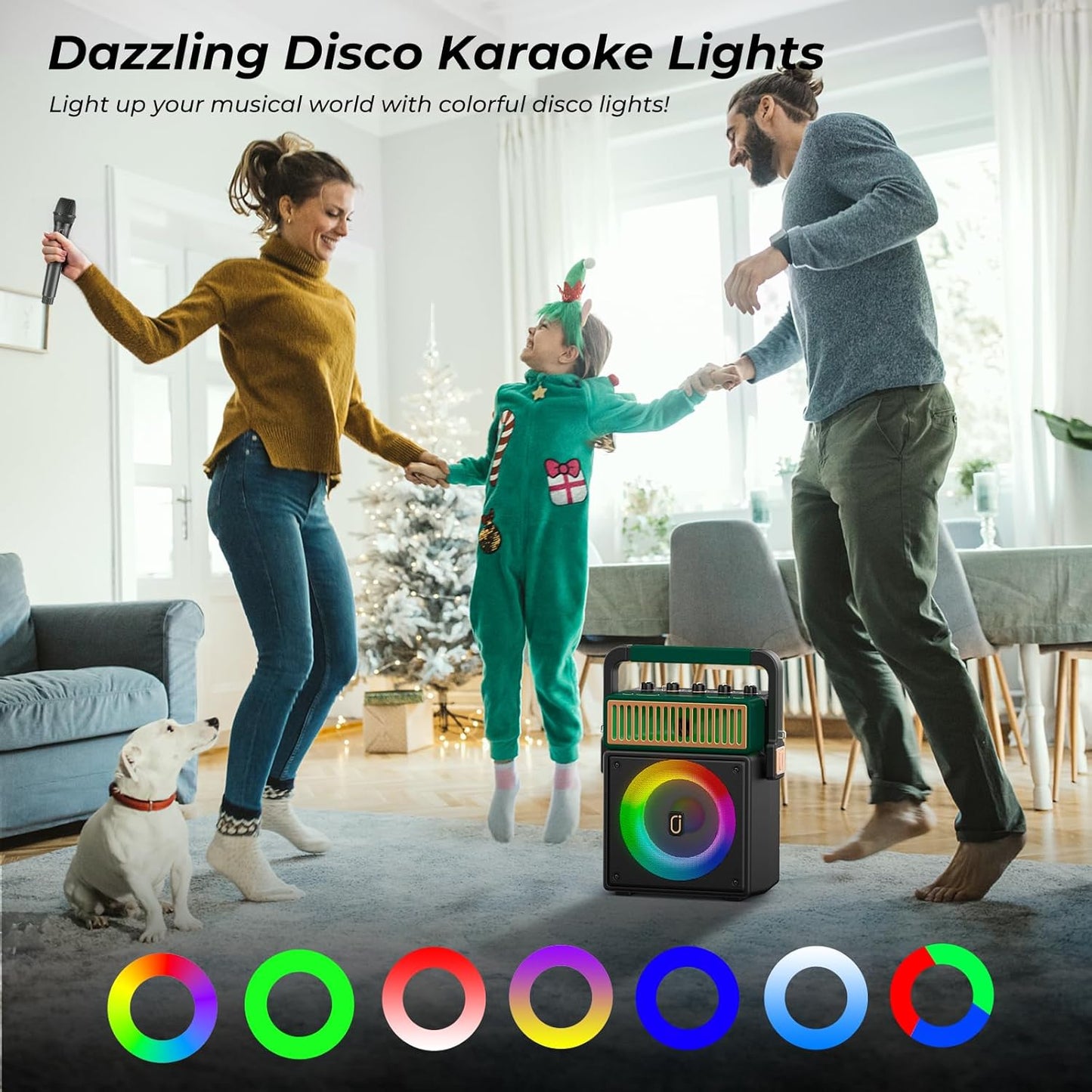 JYX Bluetooth PA Speaker System with 2 Wireless Mics, Retro 60W Karaoke Machine with LED Lights, Supports Recording, USB/TF/AUX/MIC Input for Home Party