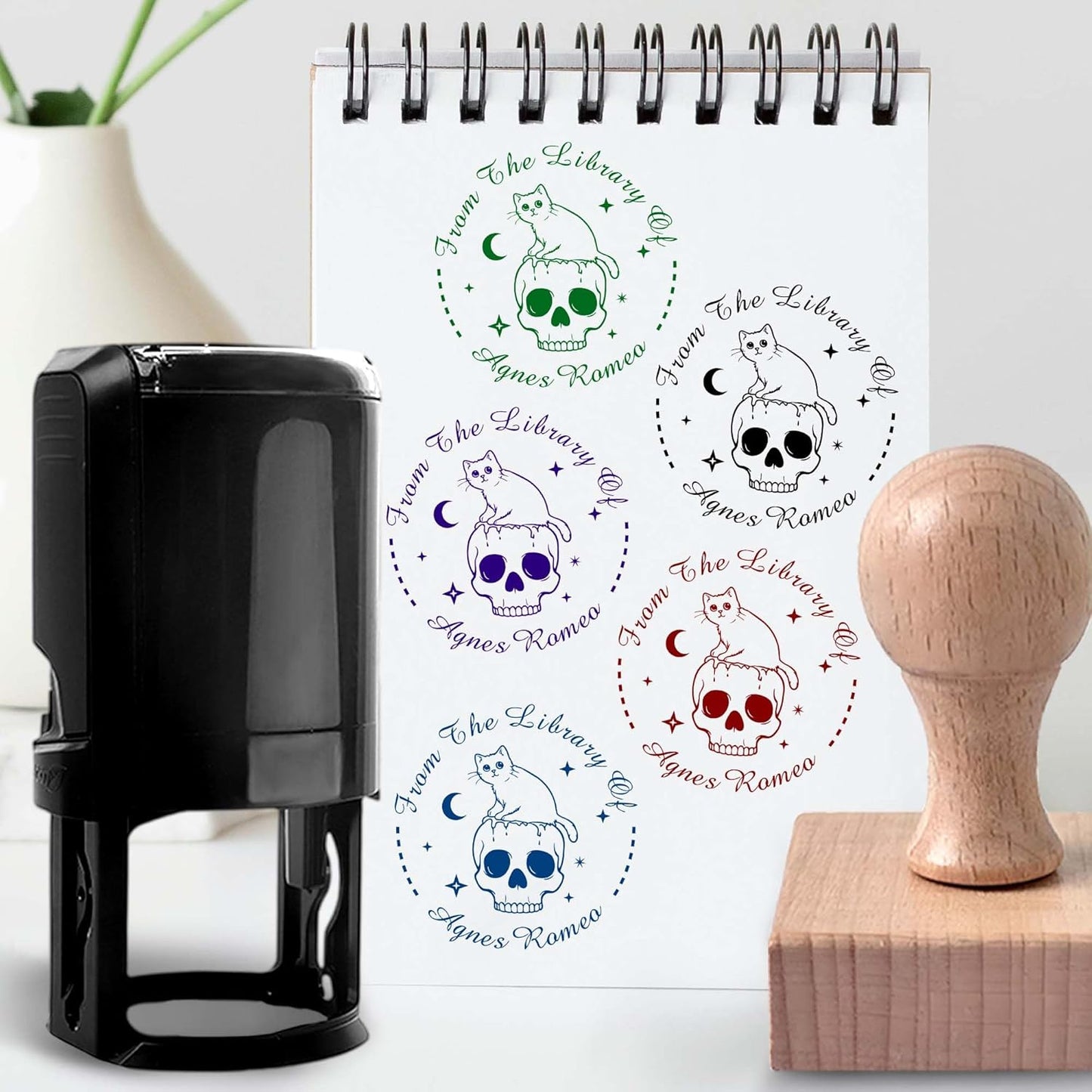 Skull Themed Library Book Embosser， Custom Book Business Card Paper Document Notebook, Self Inking Stamp，Book Lover Gifts，Christmas Gifts (Style16)