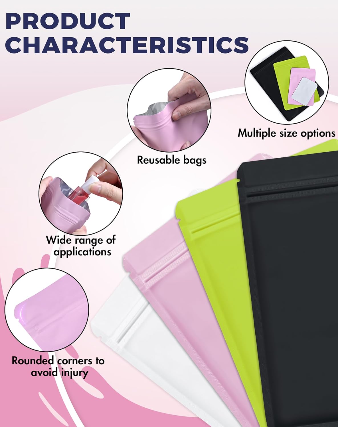 FireKylin 100 Pack Resealable Packaging Bags for Small Business Double-Sided Color Smell Proof Bags for Food Storage Flat Bags (Pink, 4.7" x 7.1")
