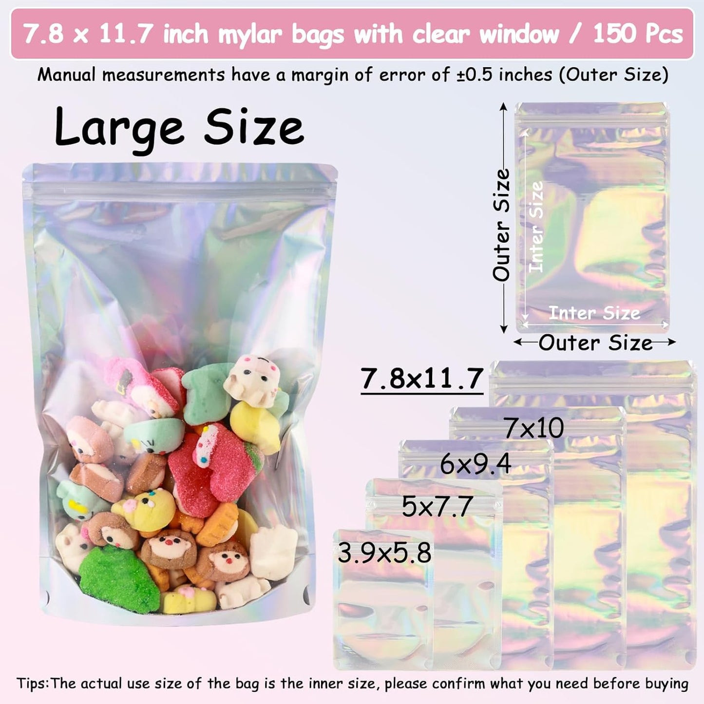 150 Pcs Mylar Bags for Food Storage, 8x12 Mylar Bag with Window Stand Up, Large Holographic Resealable Bags Smell Proof Bag Food Packaging for Small Business Freeze Dried Candy Jewelry Foil Packaging