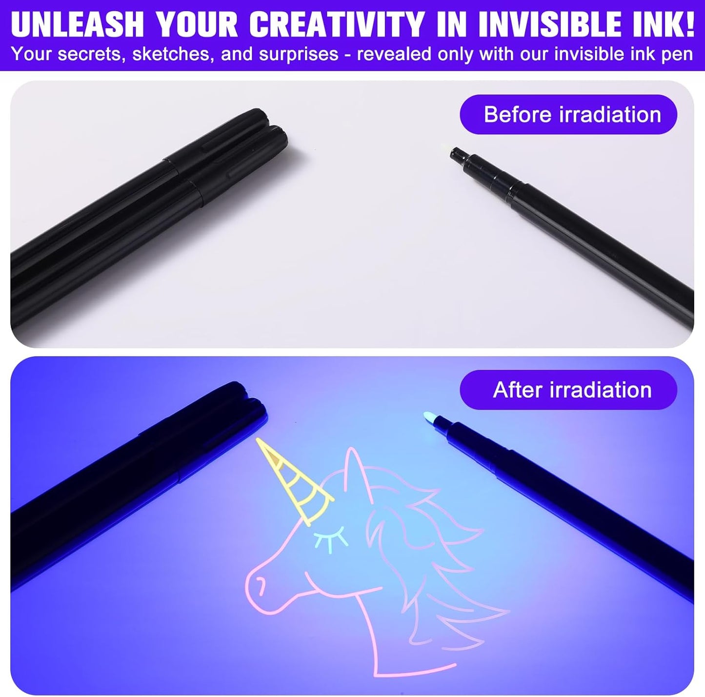 Tegeme 4 Invisible Ink Pen Set 2 Invisible Marker 2 Blacklight Flashlights with UV Black Light Markers Disappearing Ink Pen for Secret Notes Holiday Gifts Party Favors(21 LED)