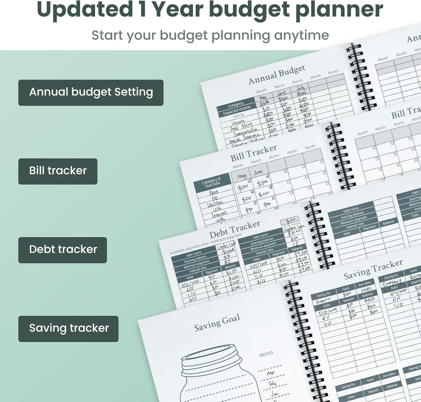 Monthly Budget Planner Book 2025 (Undated) with 12 Pockets for Income, Debt, Saving, Expense and Bill Tracker Organizer, Financial Planner for Men and Women, Dark Green, Spiral Design