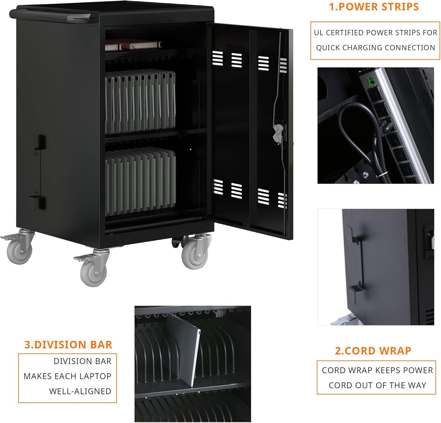 32 Device Mobile Charging Cart, Chromebooks and Laptop Computers, Locking Charging Station with Lock & Key