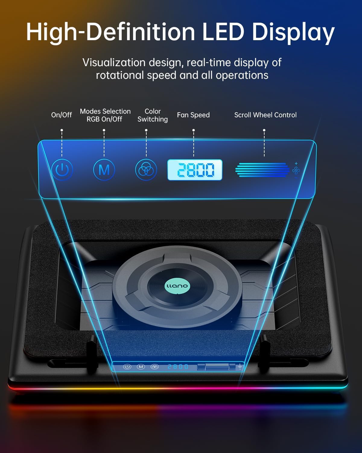 llano V12 RGB Laptop Cooling Pad, Gaming Laptop Cooler with 5.5 Inch Powerful Turbofan, Fast Cooling Laptop 15.6-21in, Adjustable Speed, Touch Control, LCD Screen, Black (RGB)