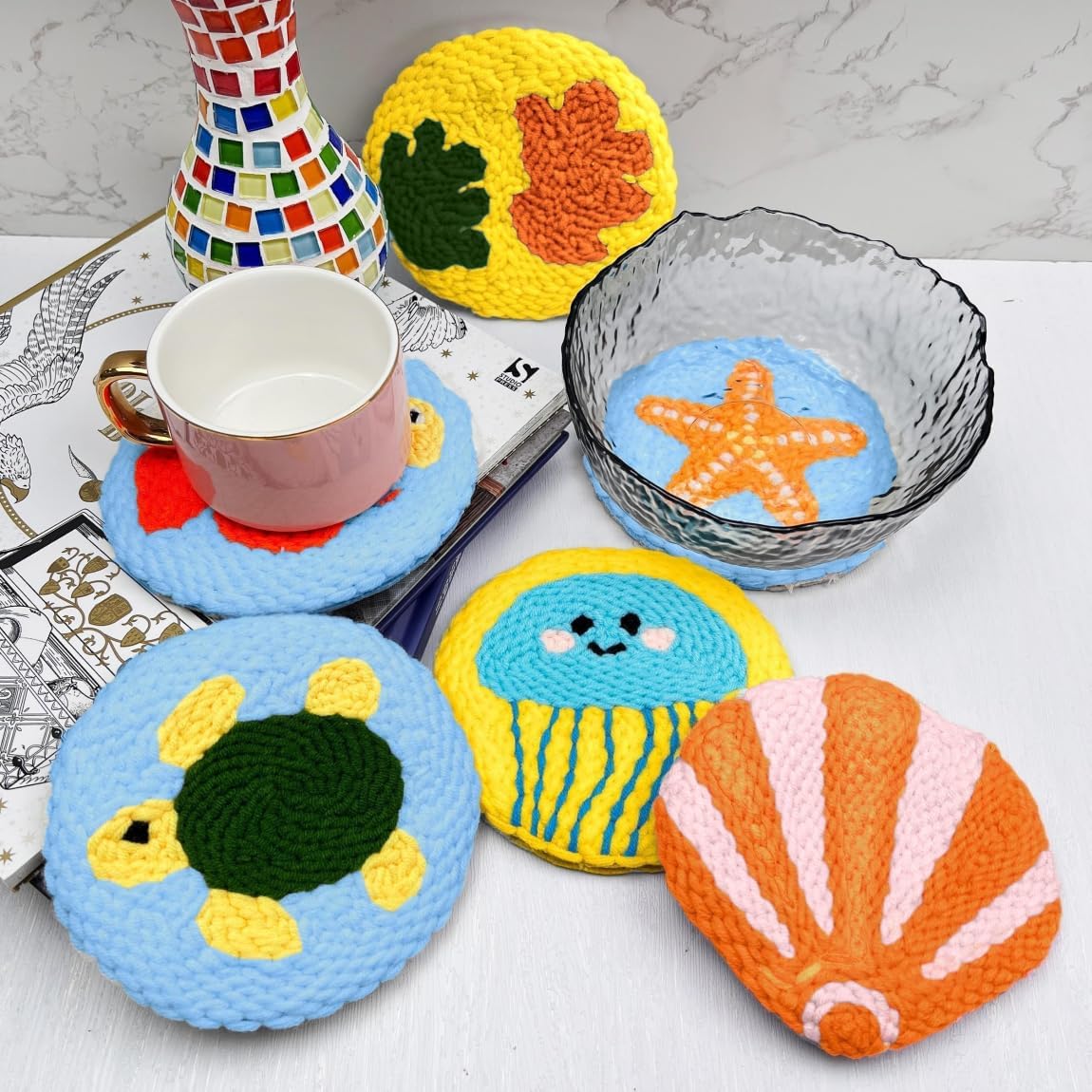 Punch Needl Kit for Adults Beginners, 6-Piece Marine Life Punch Coaster Starter Kit – Easy Embroidery Stitch Craft Set with Instructions – Fun Needle Point Tufting for Table Decor & Festival Gifts