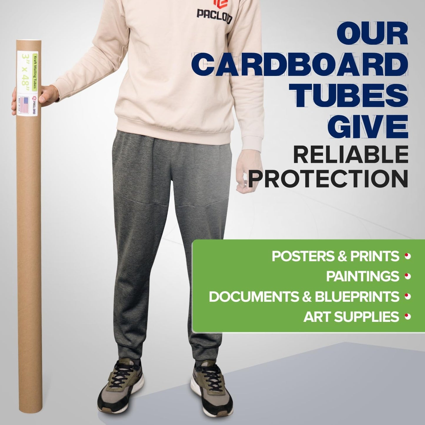 3" x 48" Reinforced Kraft Paper Mailing Tube, Pack of 1 Tube with 2 Caps – Secure USPS Approved Poster Tube – Cardboard Tube for Shipping and Storing of Posters, Prints, Artwork, or Documents