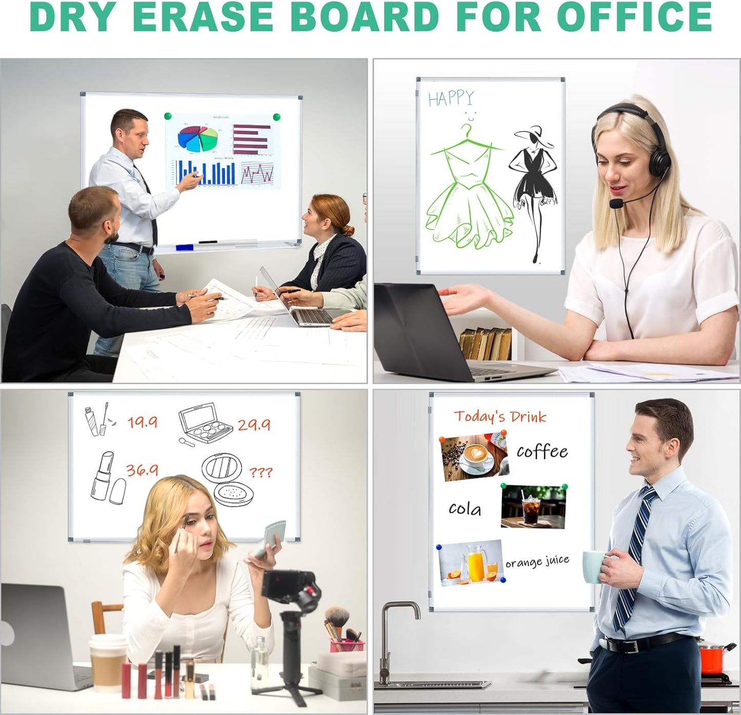 H-Qprobd 3' x 2' Whiteboard Dry Erase White Board for Wall 36x24 (2pcs) Magnetic Boards for Office Classroom & Home, Small Wall Whiteboard Including 6 Markers, 20 Magnets, 2 Erasers