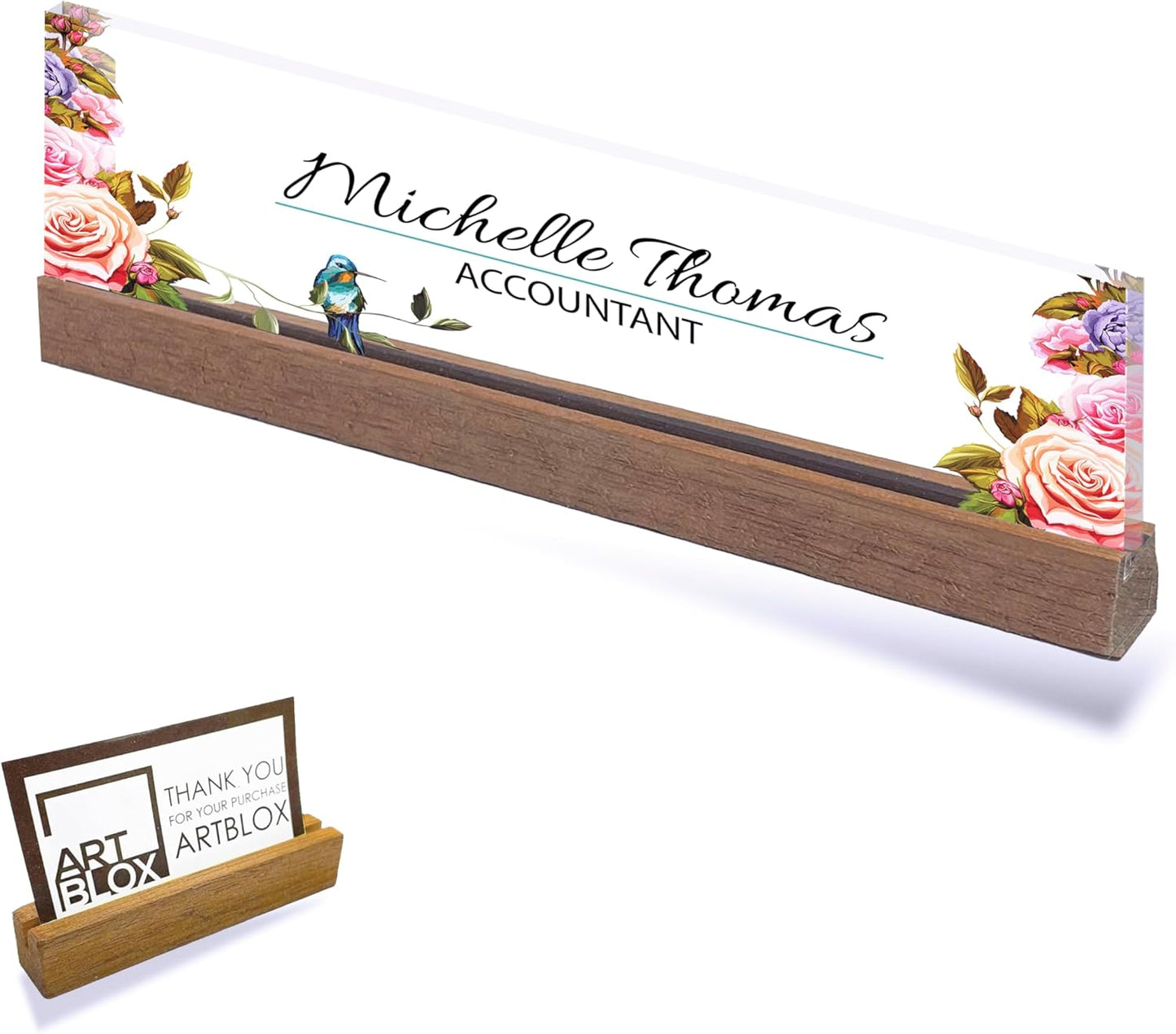 ARTBLOX | Office Personalized Name Plate Flower with Bird Design On Clear Acrylic Glass for Desk with Business Card Holder
