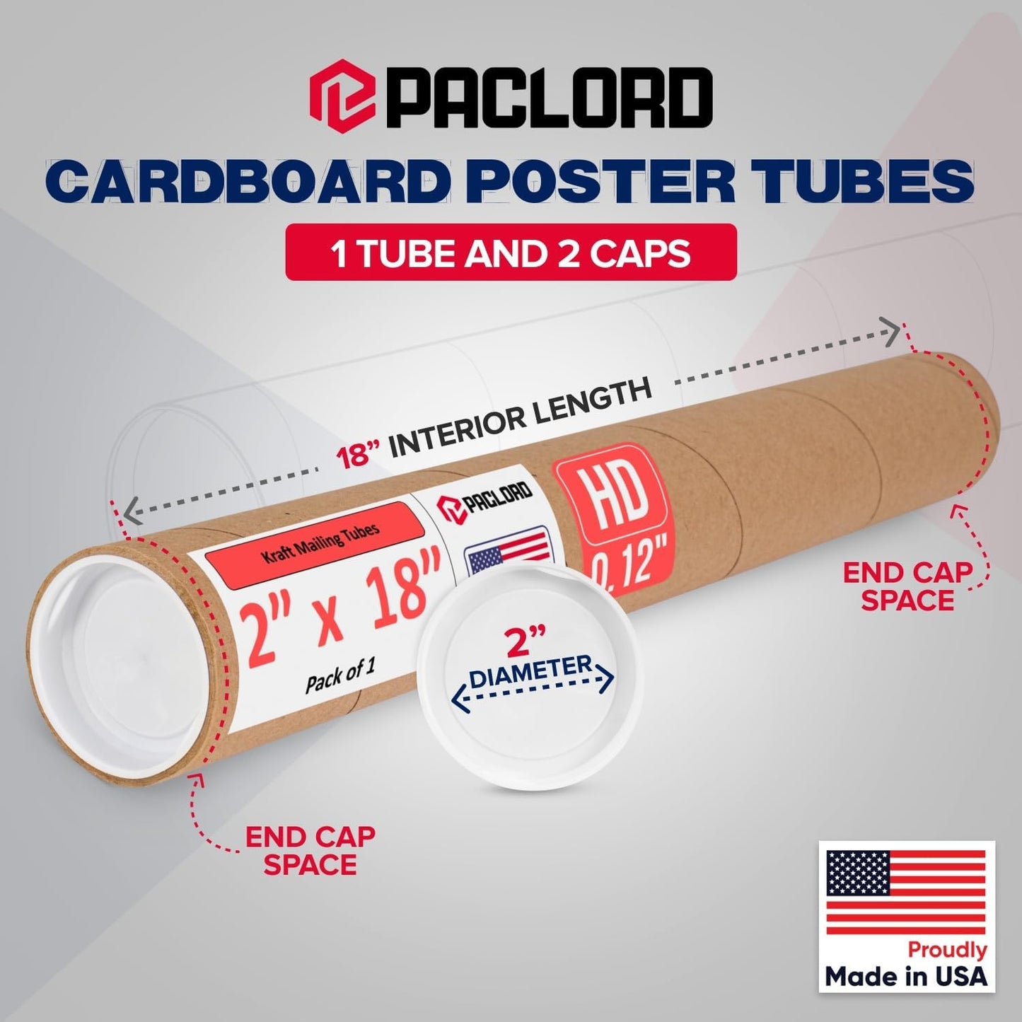 2" x 18" Heavy-Duty Reinforced Cardboard Mailing Tube, Pack of 1 Tube with 2 Caps – Secure USPS Approved – Great for Shipping and Storing of Prints, Artwork, Posters or Documents