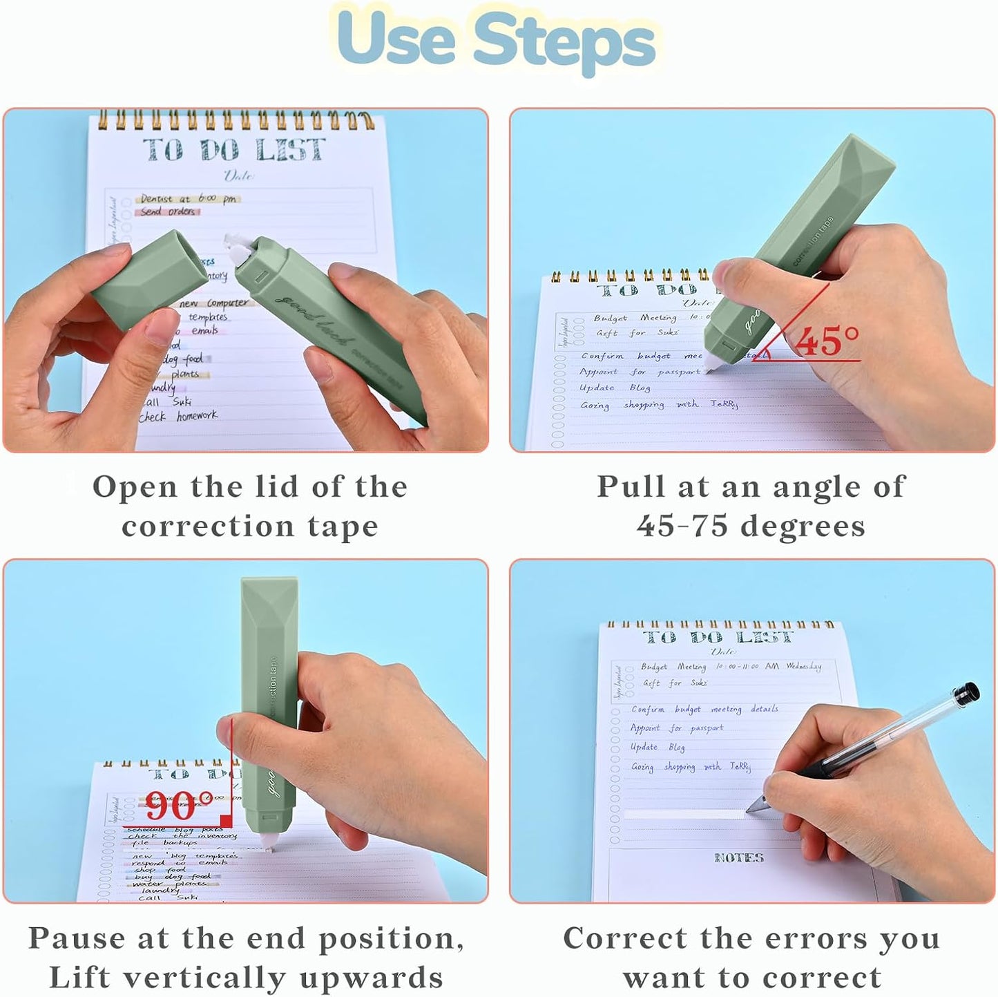 Temiary 5 Pcs White Correction Tapes, Aesthetic Correction Tape Pens Smooth Pull Out, Easy to Use Pen Shaped Applicator for Students School Office Supplies (Green)
