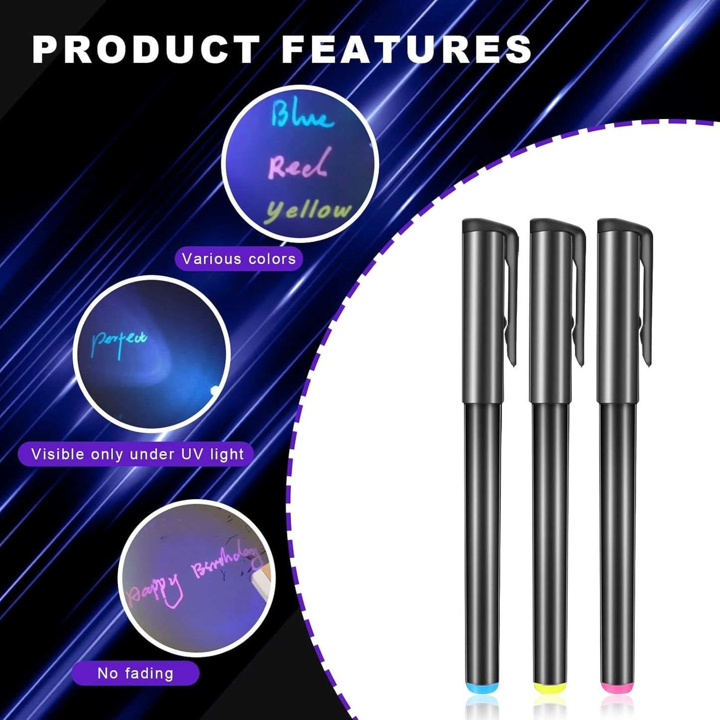 Invisible Ink Pen, Spy Pen with 3 PCS Mini UV LED Keychain Flashlight, Disappearing Ink Magic Pens with Black Light Markers for Secret Notes, Fit for Christmas Halloween Holiday Gifts (3 PCS)