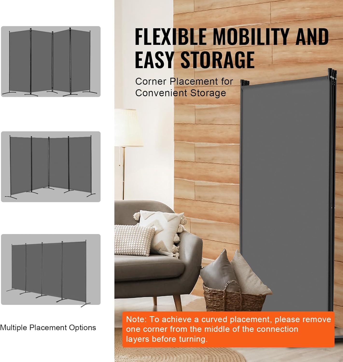 VEVOR Room Divider, 4 Panel Room Divider, Folding Privacy Screen and Portable Partition Divider for Room Separation, Freestanding Room Partitions for Office, Bedroom, Study, Grey