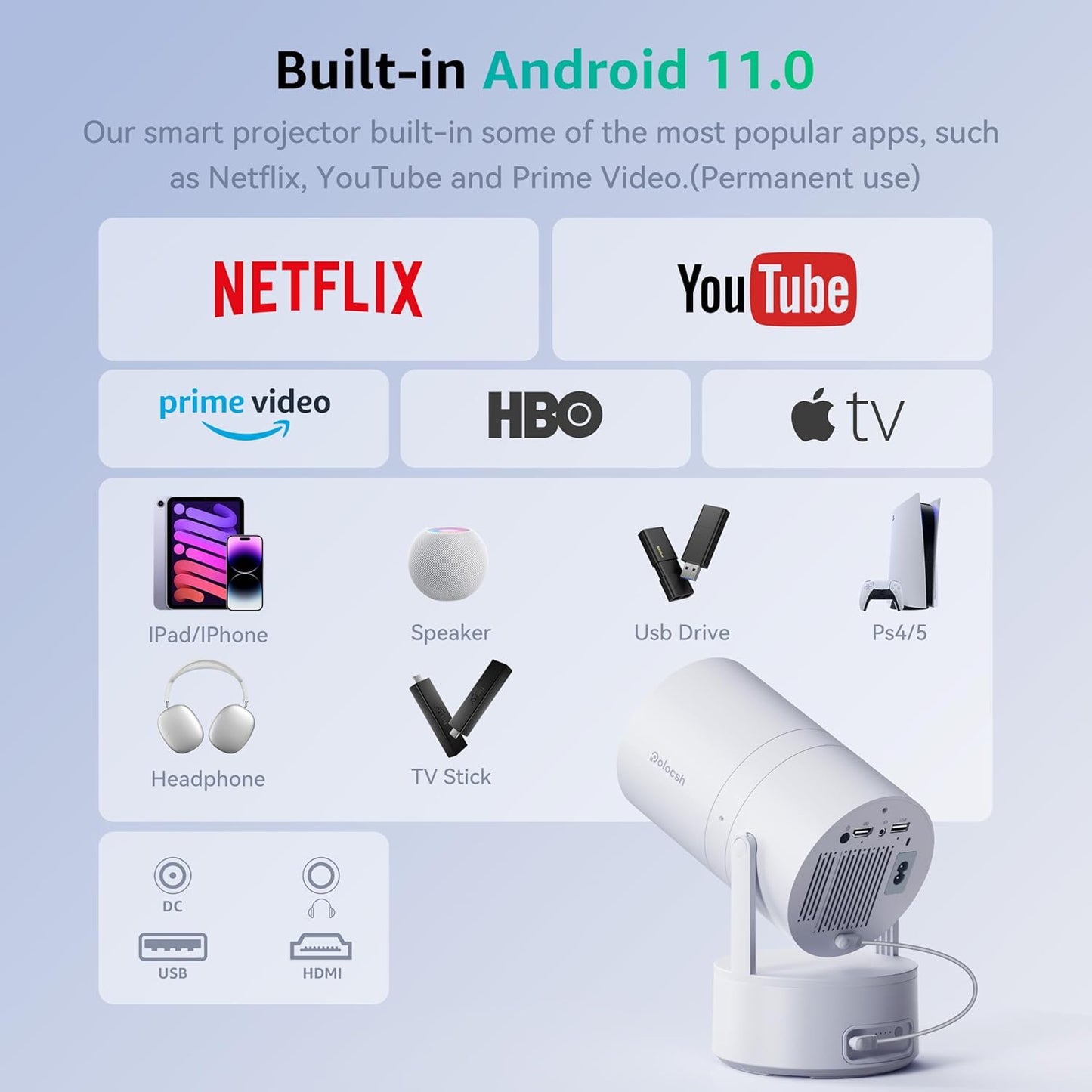 Mini Projector, Rechargeable Portable Outdoor Smart Projector with 4K Support, Auto Keystone, Android 11 Small Projector with WiFi and Bluetooth, Electric Focus Home Theater for iphone
