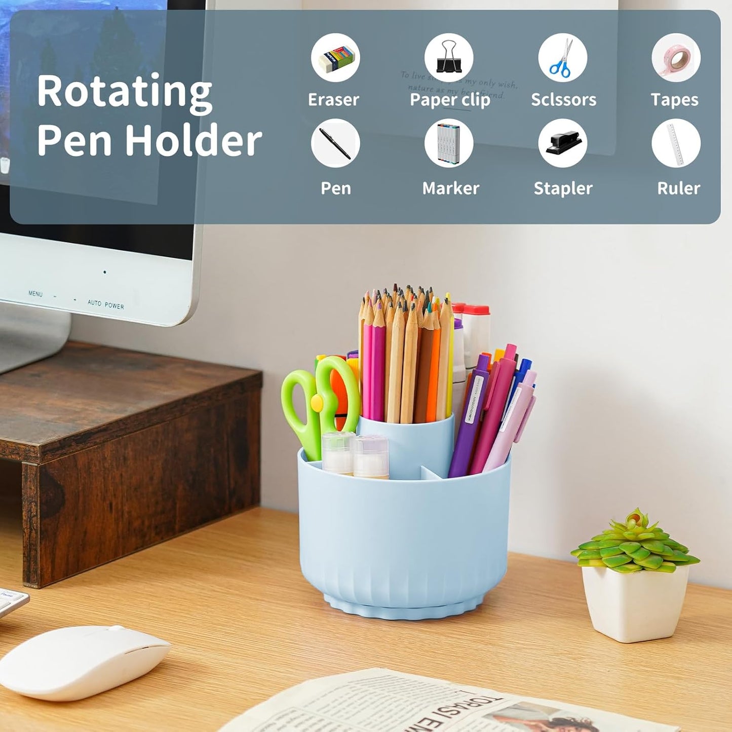 Marbrasse Desk Organizer, 360-Degree Rotating Pen Pencil Holder, Desk Organizers and Accessories with 5 Compartments Pencil Organizer, Art Supply Storage Box Caddy for Office, Home(Blue)