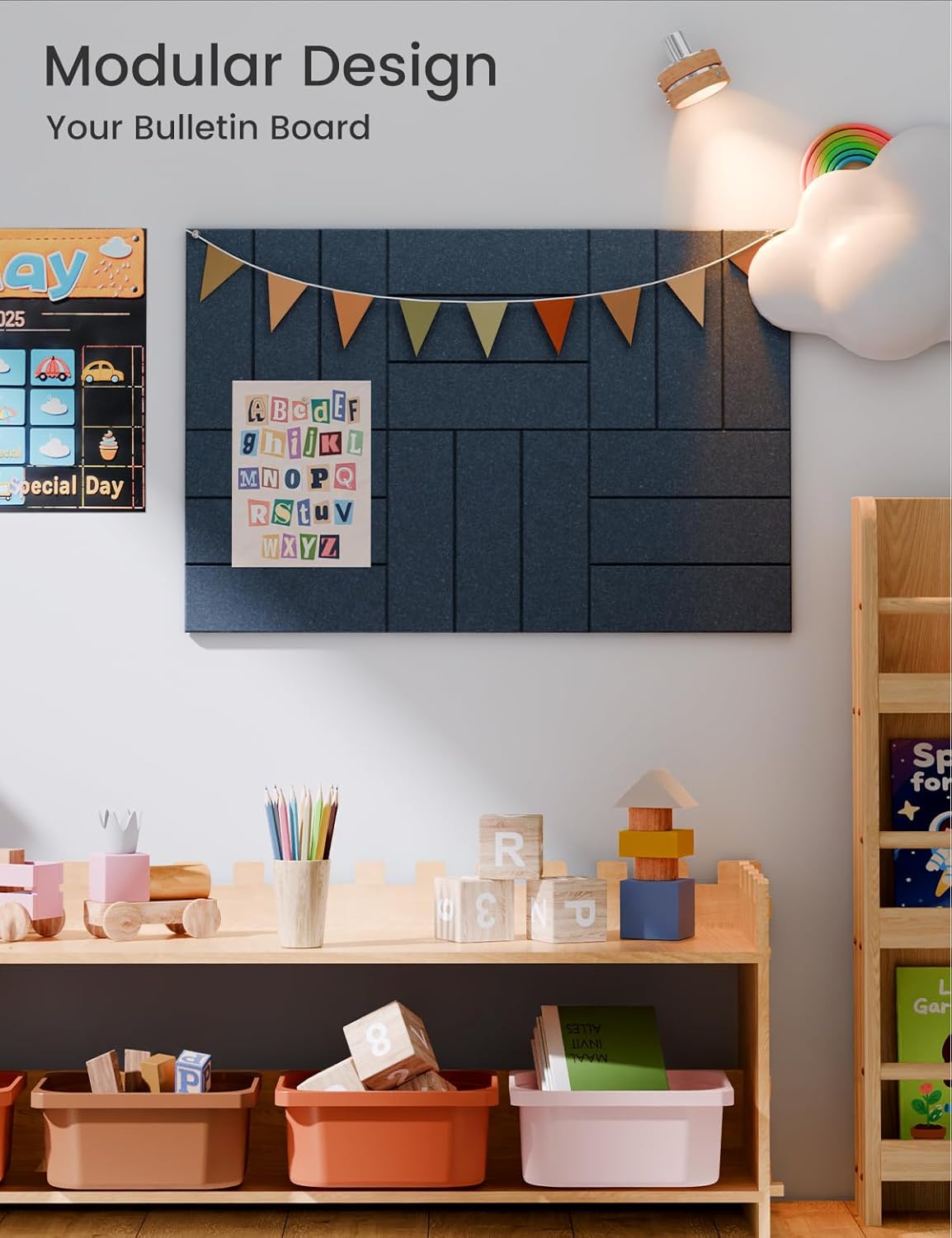 Felt Bulletin Board Tiles -28"x18" with 40 Adhesive Tabs, Cork Board Alternative for Office Decor, Push Pin Board Wall Organizer 6-Pack(Denim Blue)
