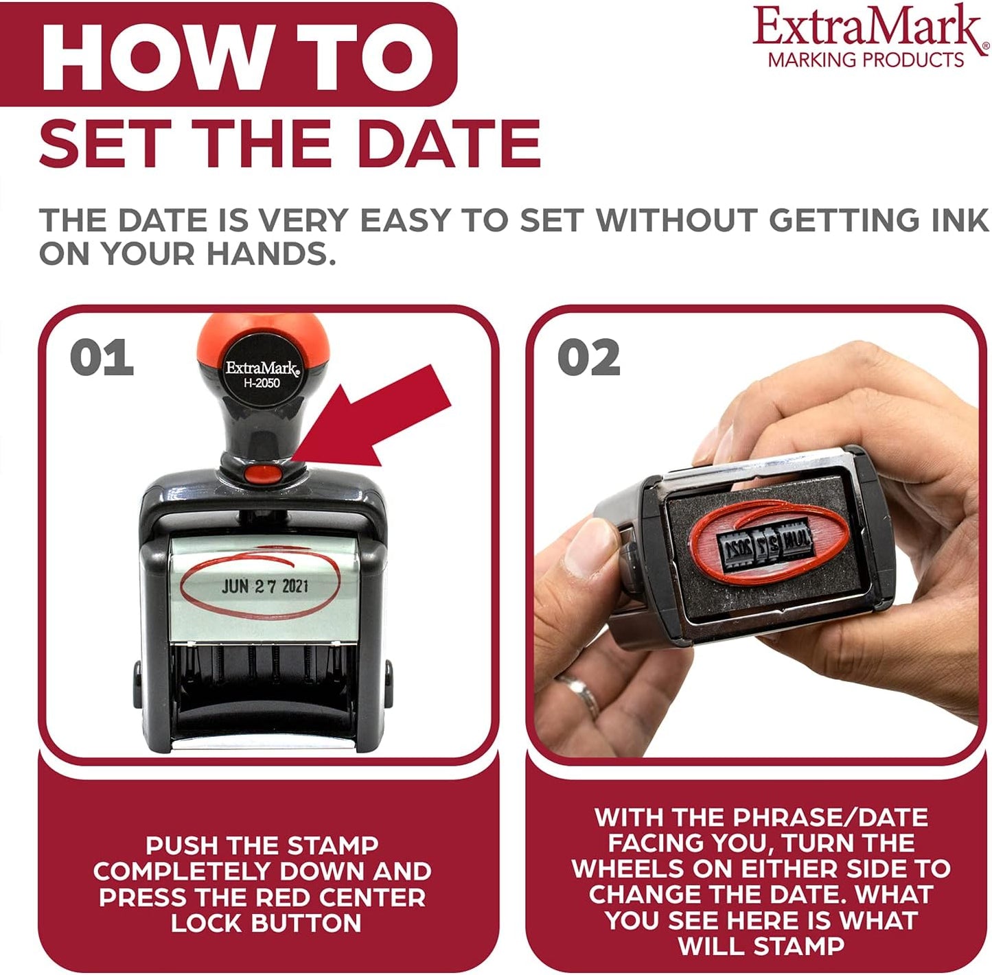 Heavy Duty Office Date Stamp - Brush Stroke Design - Self Inking Dater - Red Ink Color