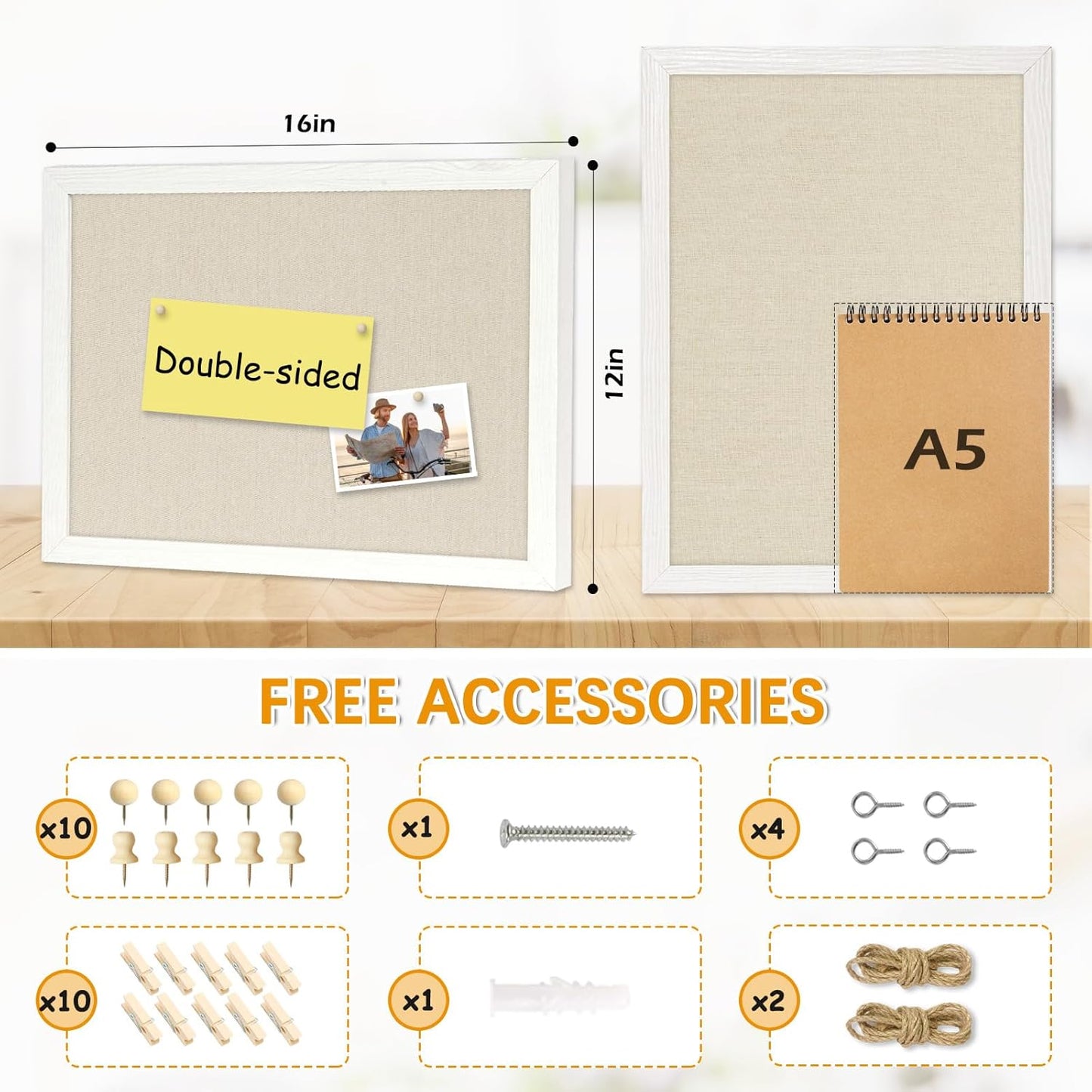 DOLLAR BOSS Bulletin Boards with Linen 1-Pack 16''X 12'' Double-Sided Cork Board for Walls Wood Framed Bulletin Boards, Small Pin Board for Home Kitchen Office Decorative Hanging 10 Pushpins