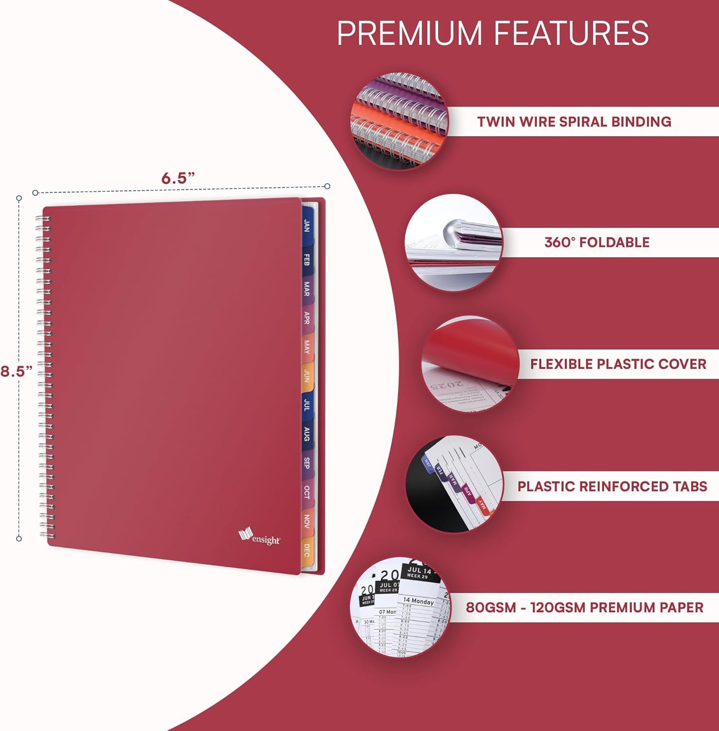 Ensight 2026 Appointment Book & Planner Ensight 6.5 x 8.5 inches Large Tabbed Daily Hourly Weekly Planner Schedule Book 30 Minute time Slots Business & Personal Planner Jan 2026 Dec 2026 Maroon