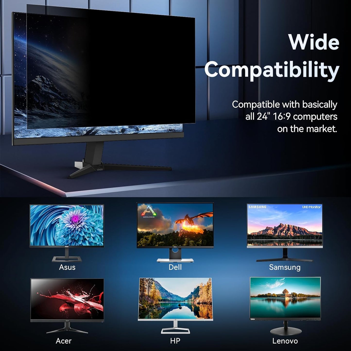[2024 New] Fully Removable 24 Inch Privacy Screen Filter for 16:9 Widescreen Computer Monitor,Desktop PC,Eye Protection Anti Glare Blue Light Filter Privacy Shield,Anti Spy Screen Protector Film 24 In