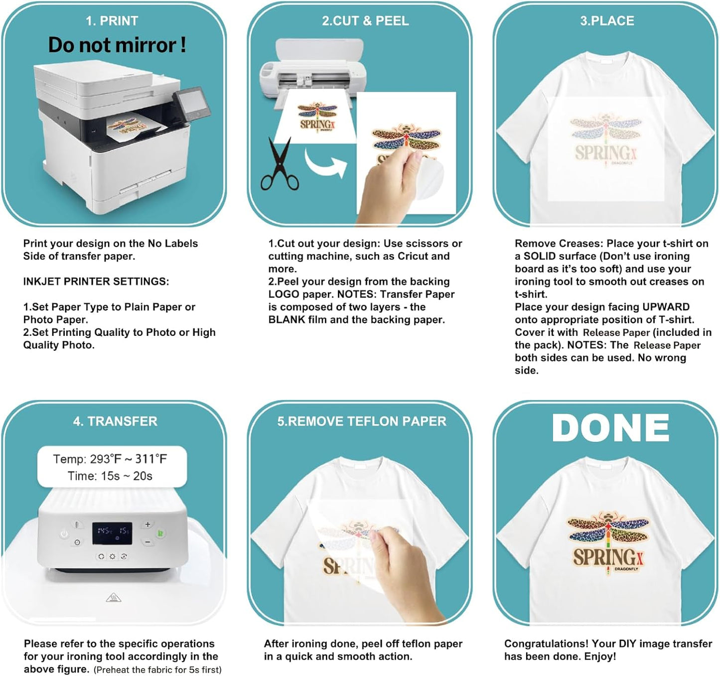 Yiwloer Iron on Heat Transfer Paper for T Shirts (8.5x11'', 100 Sheets) Iron-on Transfers Paper for Light Fabric Printable Heat Transfer Vinyl for Inkjet Printer (Light Fabric 100pcs, 100pcs)