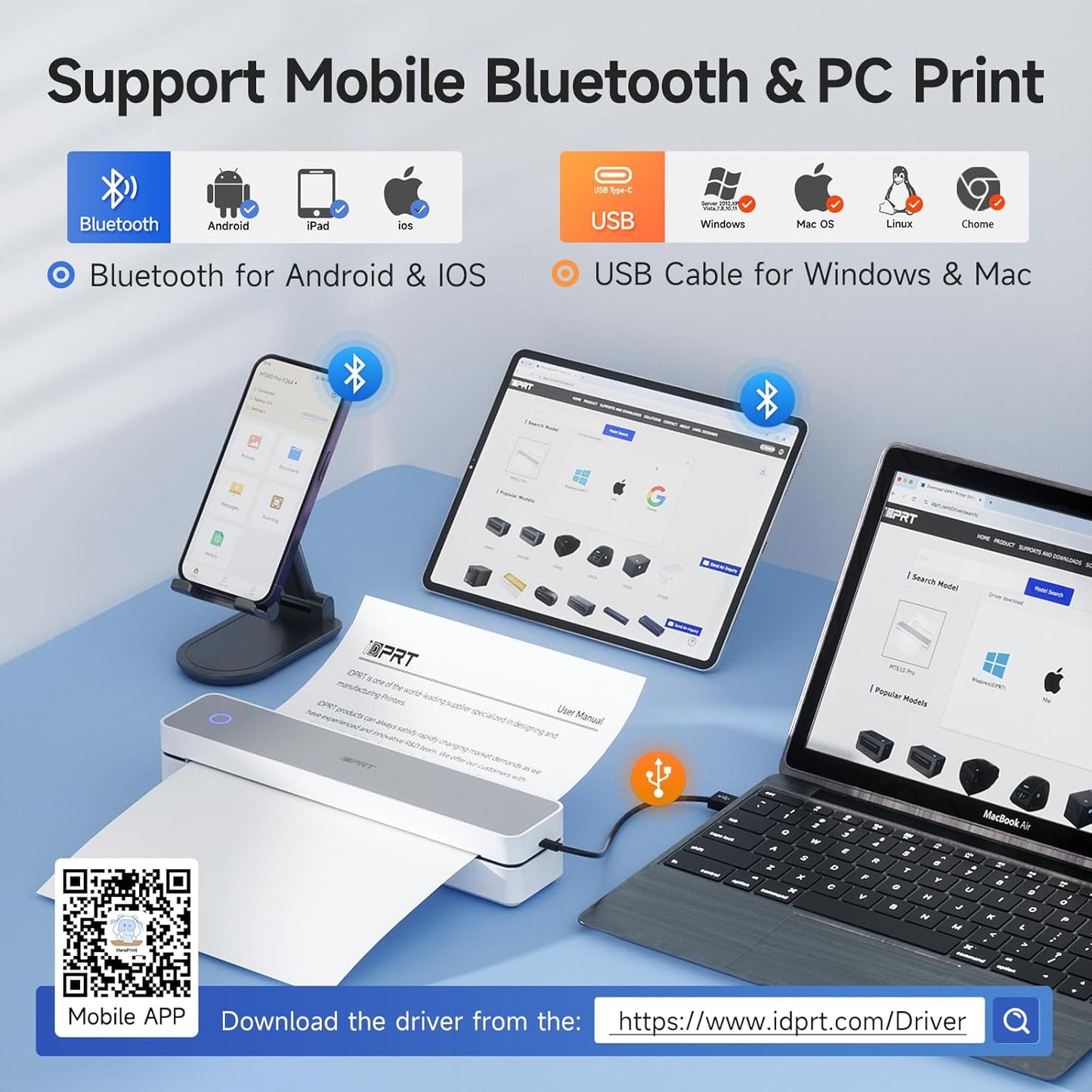 iDPRT Portable Printer Wireless for Travel, 300DPI Bluetooth Thermal Printer Support for 8.5"x11" US Letter, Inkless Compatible with iOS, Android, Laptop for Office, Car and Home, School