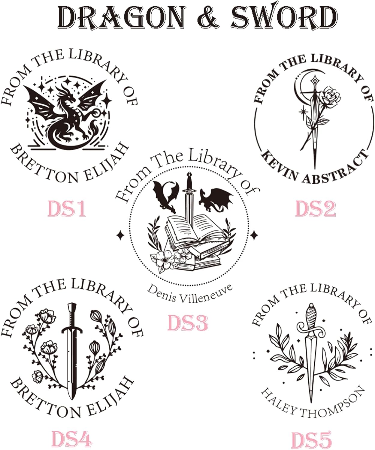 Personalized Book Embosser Stamp with Name & Design, Custom Hand Carved Library Embosser Set, Elegant Invitation Seal of Self-Inking from Library Stamp Kit (Sword & Dragon)