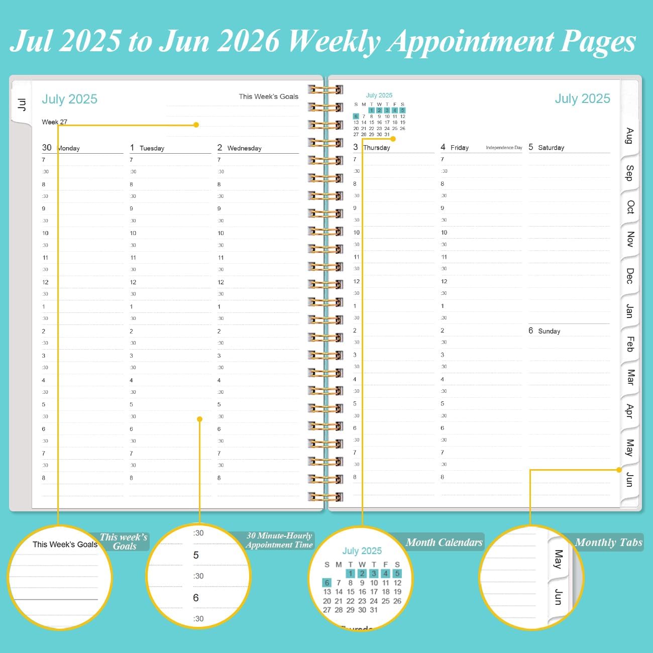 2025-2026 Appointment Book & Planner - Hourly Planner from July 2025 - June 2026, Weekly Appointment Book 2025-2026 with 30-Minute Interval, 6.4" x 8.5", Teal Floral