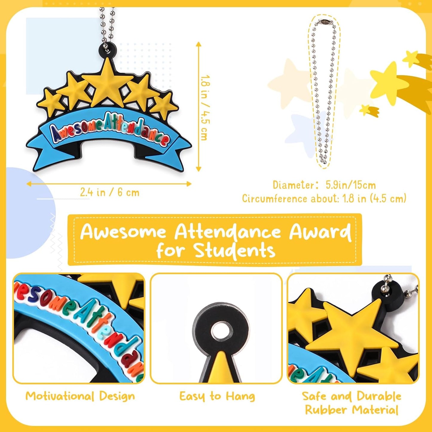 200 Pcs Awesome Attendance Silicone Tags with Chains, Motivational Brag Awards for Students, Classroom Incentives, Teacher Rewards, Reading Competition Prizes, Wearable Encouragement Gifts