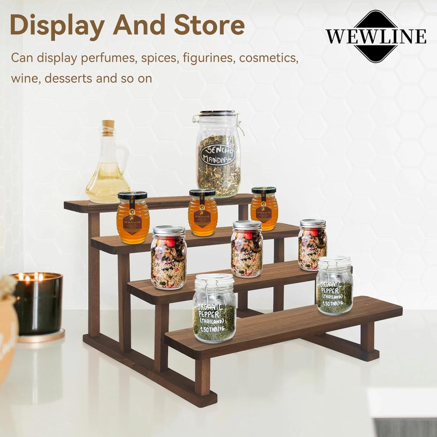 2PACK Spice Rack Stand 4 Tier Wooden Display Shelf for Tabletop Riser Stand for Party,Kitchen,Perfume,Vendors event, Collection