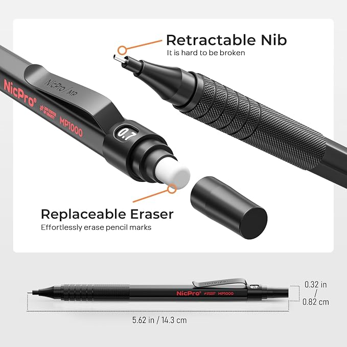Nicpro 20PCS Black Metal Mechanical Pencil Set in Leather Case, Drafting Pencil - Image 3