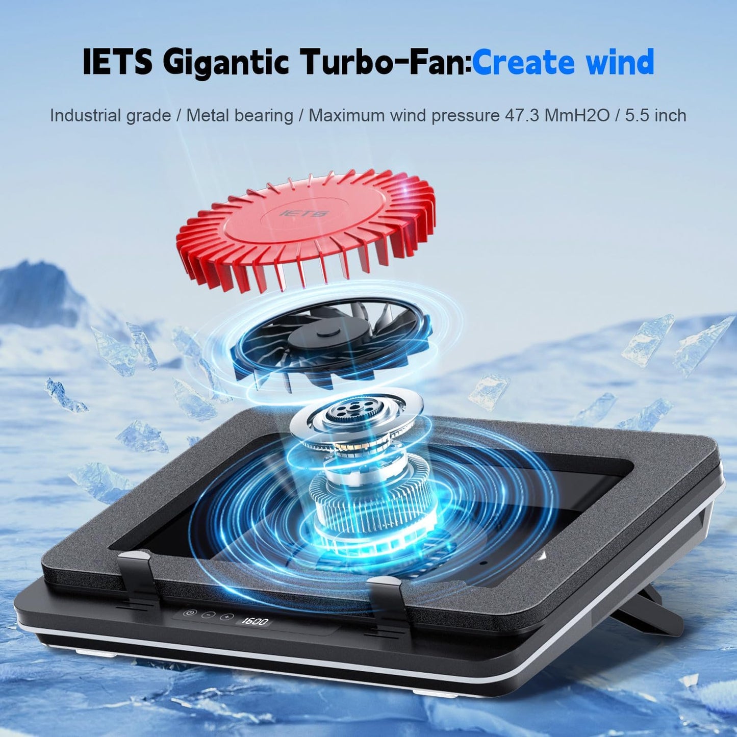 GT600 Laptop Cooling Pad Equipped Gigantic Turbo-Fan（5.5inch Diameter）,Sealed Foam for Rapid Cooling Gaming Laptop,14.1-19.3 inch Laptop Cooler with Adjustable Brackets,Dust Filter,Touch Start